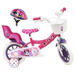 Disney Minnie Vélo enfant - Modèle 12'' Minnie de Disney + Casque pour enfant de 85/100 cm avec stabilisateurs - 1 frein - Panier avant - Porte poupée arrière et roues batons
