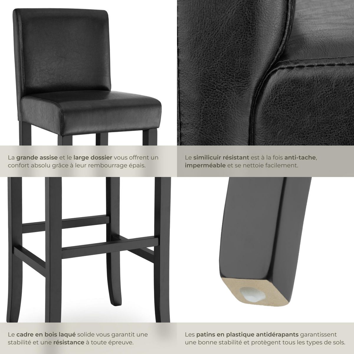 tectake Tabouret de bar rembourré avec dossier noir lot de 2