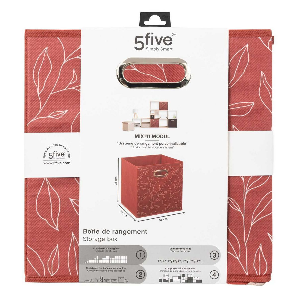 FIVE Lot de 6 boites de rangement en tissu Minimalist - 31x31x31cm - Rouge