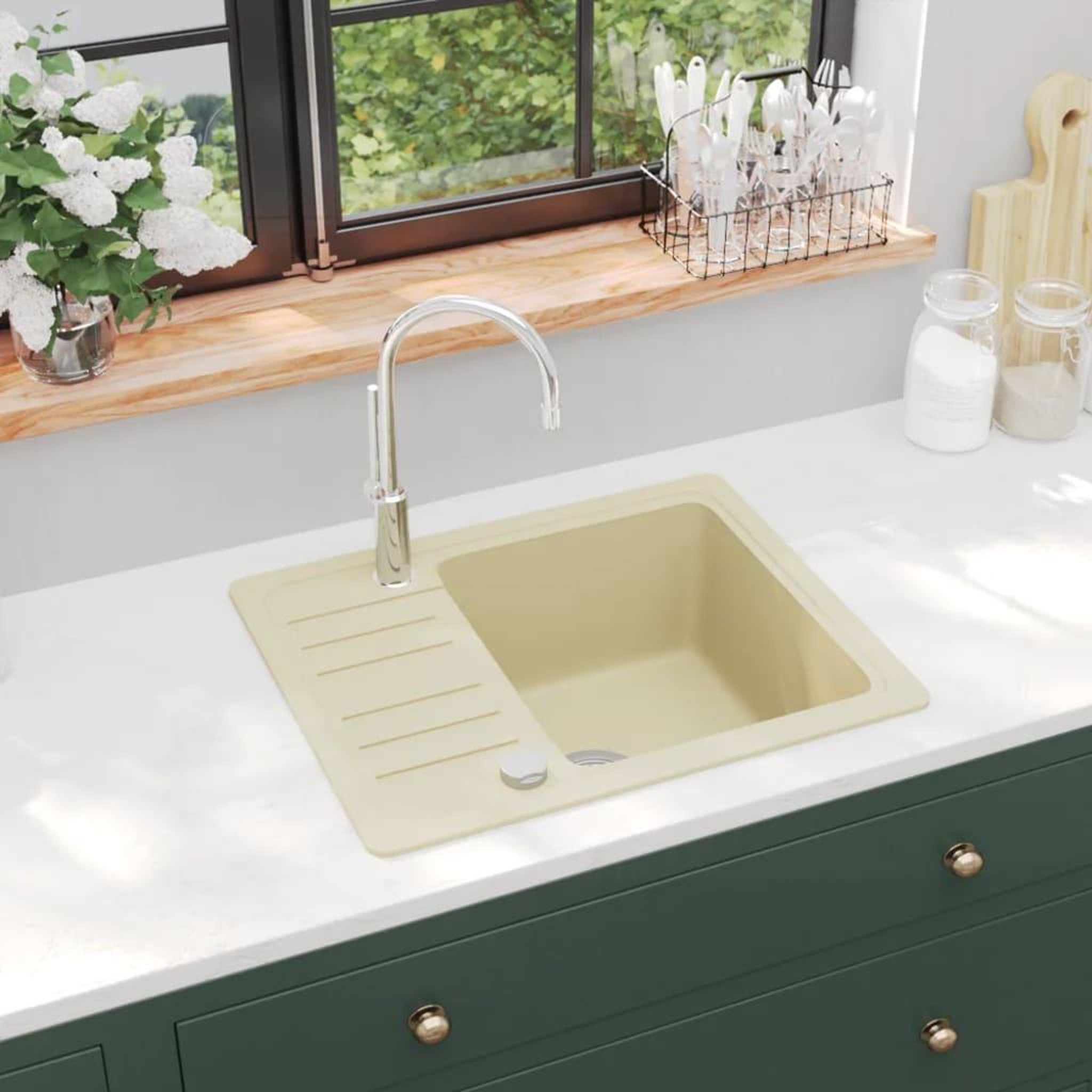 VIDAXL Evier de cuisine Granit Seul lavabo Beige