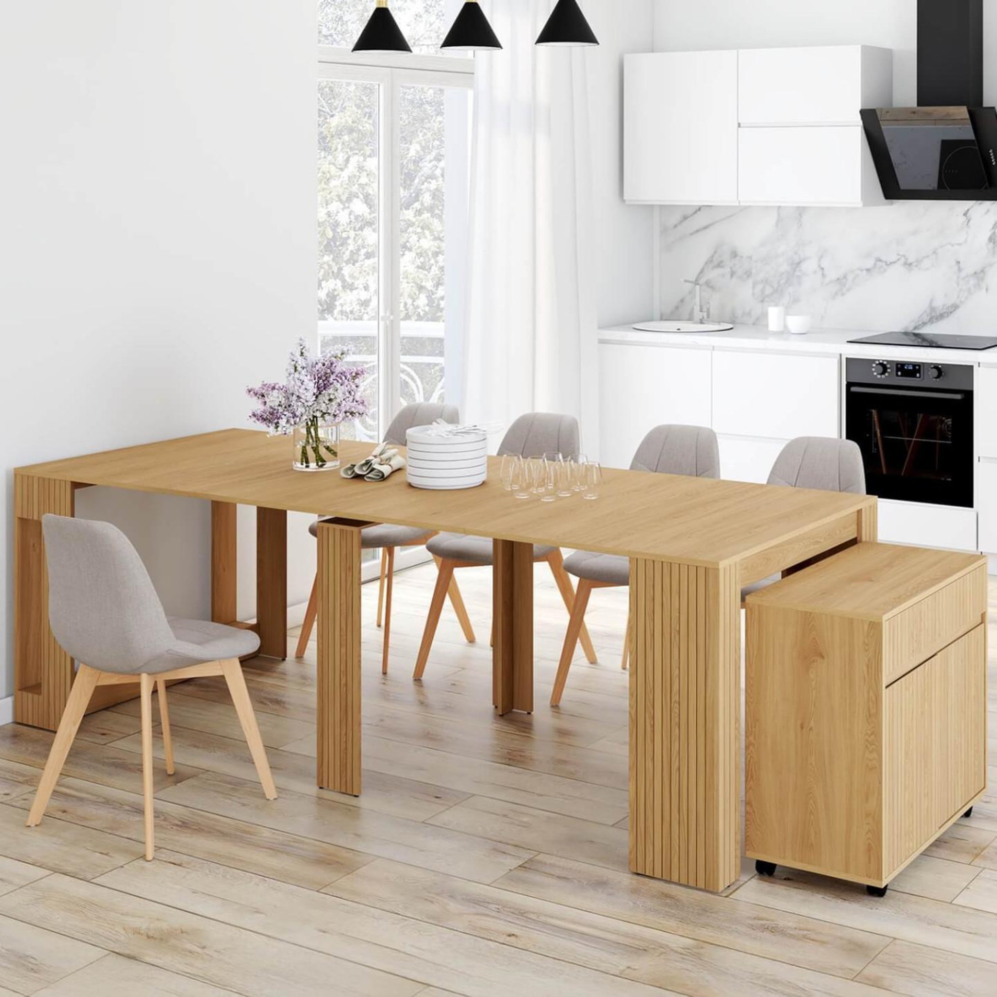 Voir la diapositive 2 : ID MARKET Table buffet extensible juliette 10 personnes 235 cm effet lattes tasseau bois coloris chêne