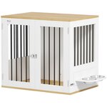 PAWHUT Cage pour chien en bois - 2 portes verrouillables, 2 gamelles rotatives  - 80 x 55 x 71 cm - blanc effet bois clair