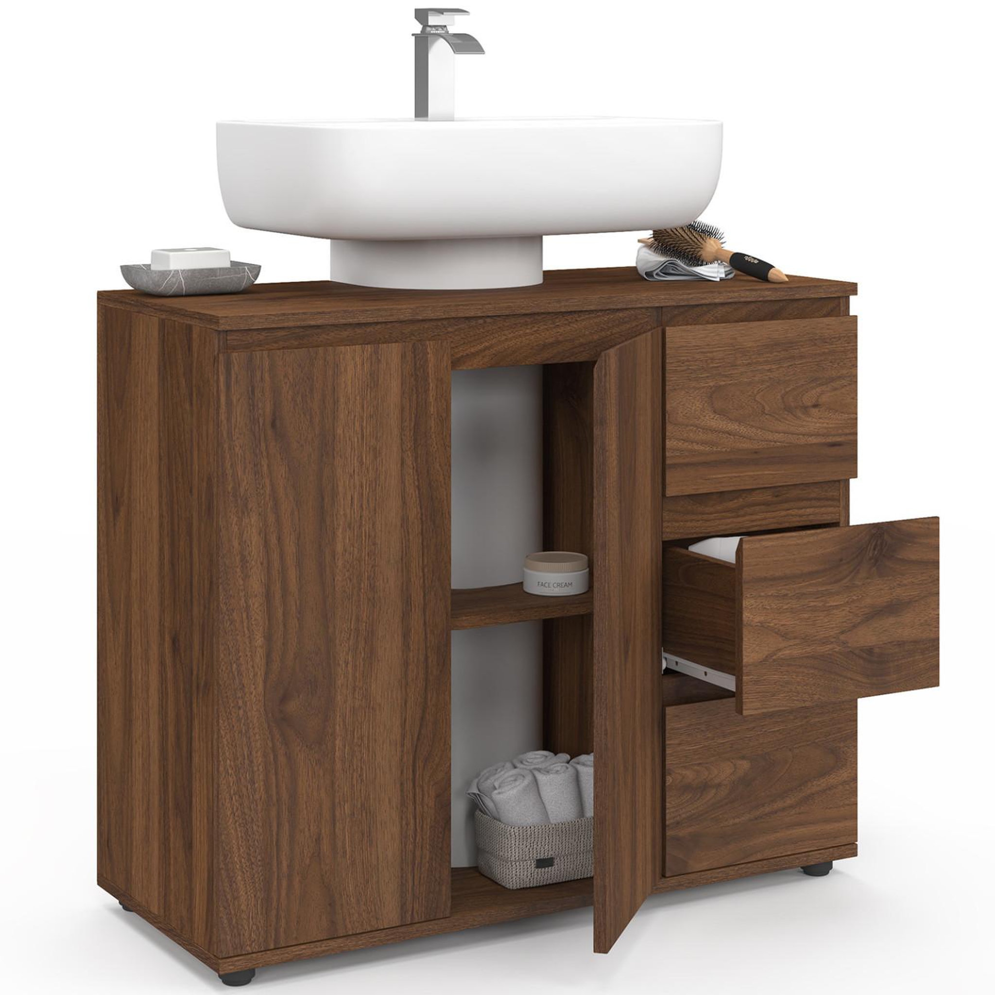 Voir la diapositive 4 : ID MARKET Meuble sous lavabo salle de bain tomi avec placard et 3 tiroirs effet noyer