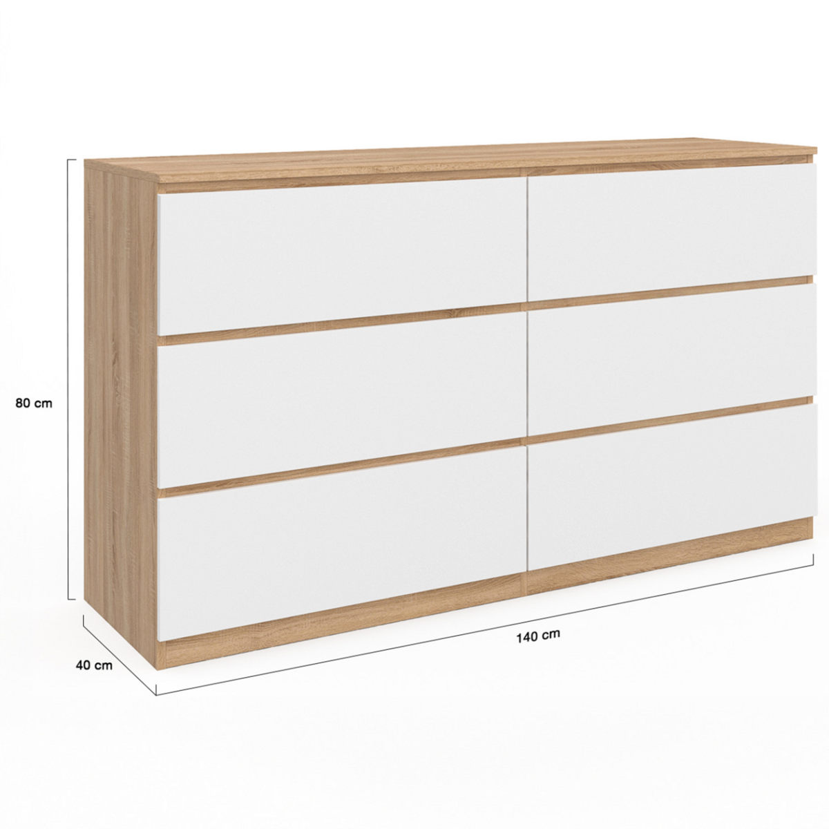 ID MARKET Commode 6 tiroirs TOMI XXL 140 cm bois façon hêtre et blanc