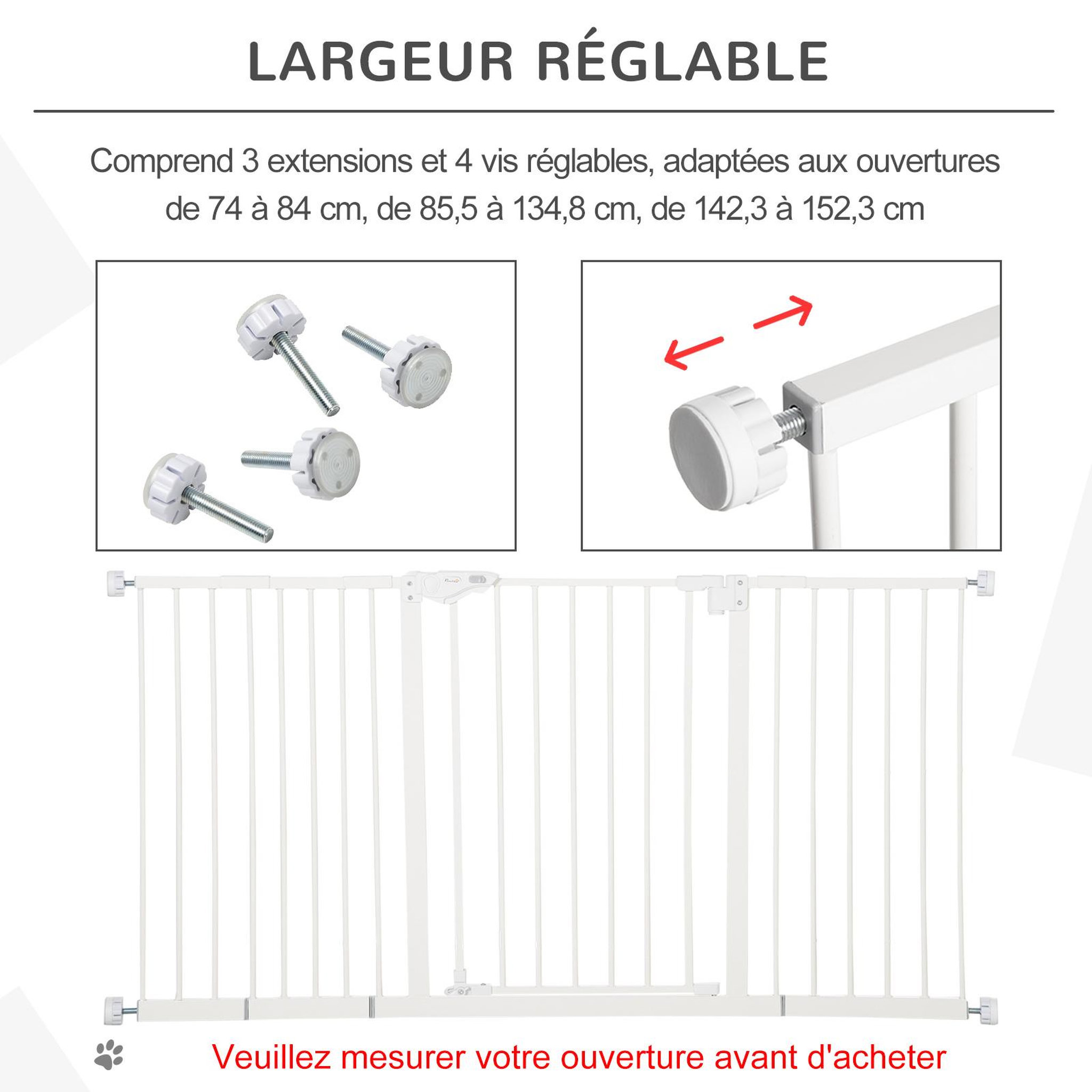 Voir la diapositive 4 : PAWHUT Barrière de sécurité pliable pour chien - 3 panneaux, porte verrouillable - dim. 206l x 120h cm - acier pp blanc
