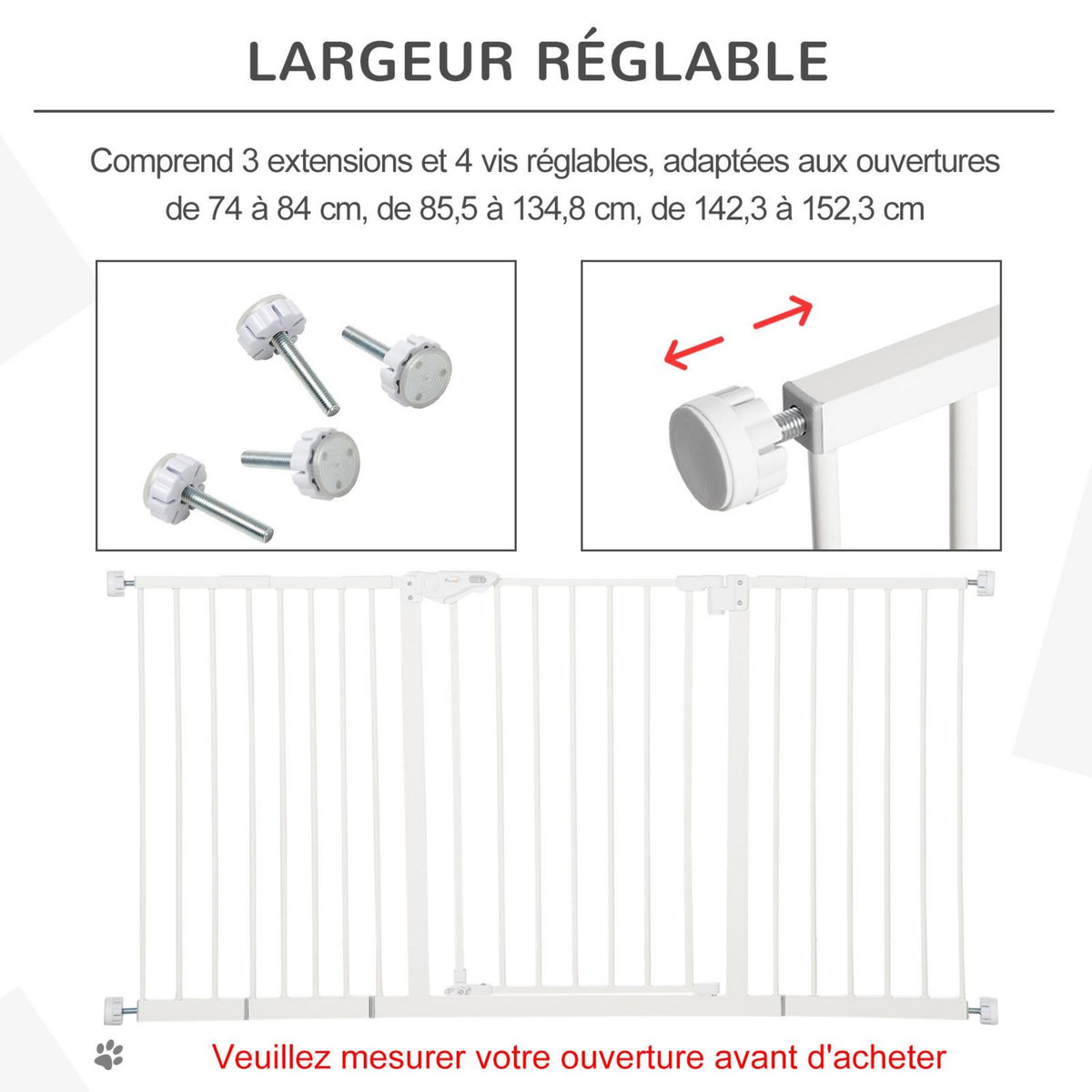 PAWHUT Barrière de sécurité pliable pour chien - 3 panneaux, porte verrouillable - dim. 206L x 120H cm - acier PP blanc