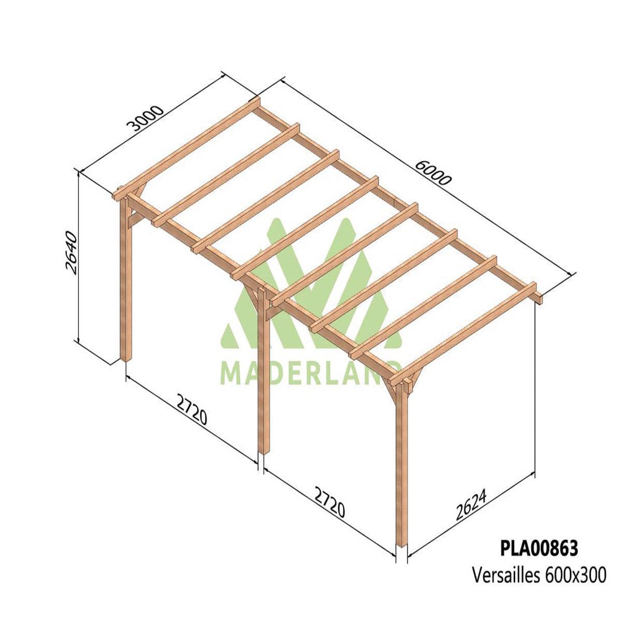 Voir la diapositive 3 : JARDIDECO Pergola adossée en lamellé-collé versailles 600 x 300 cm - maderland