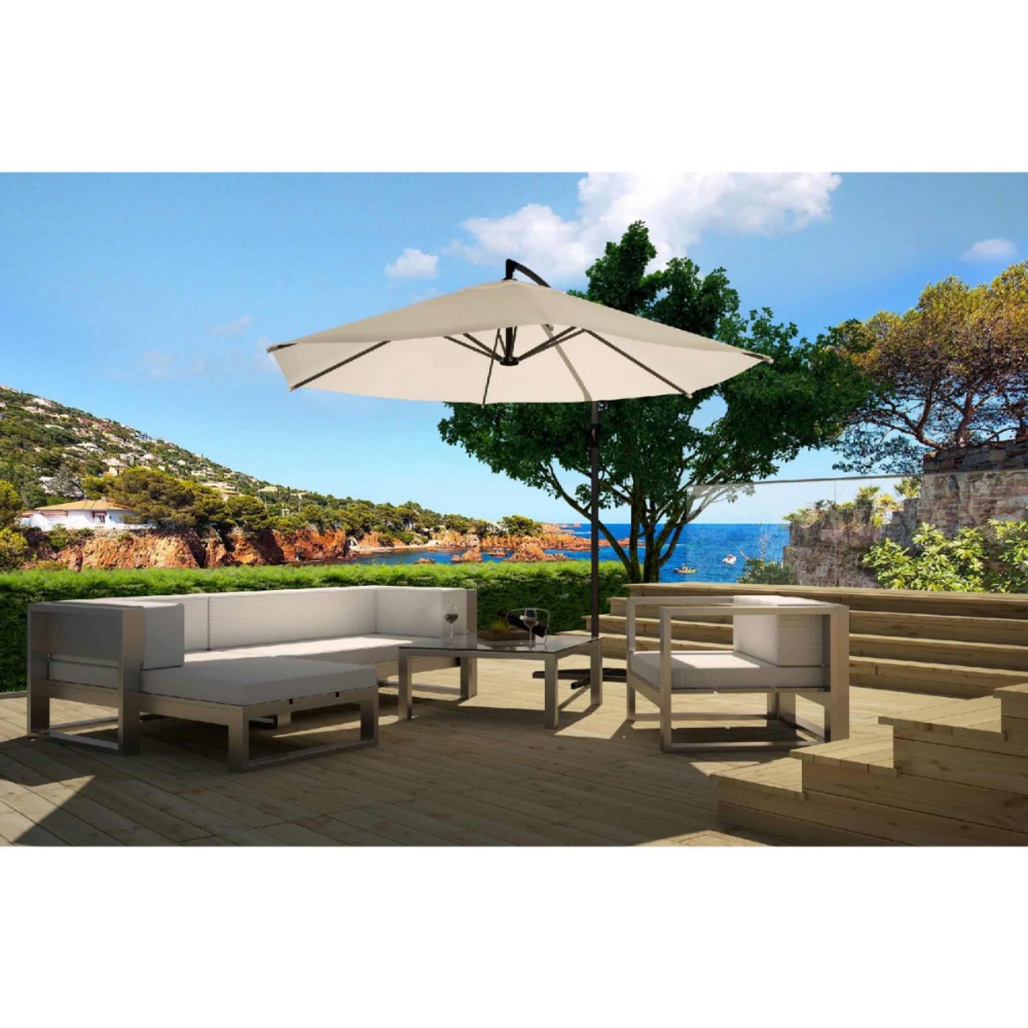 Voir la diapositive 2 : CONCEPT USINE Parasol ecru déporté rond 3 x 3 m porticcio