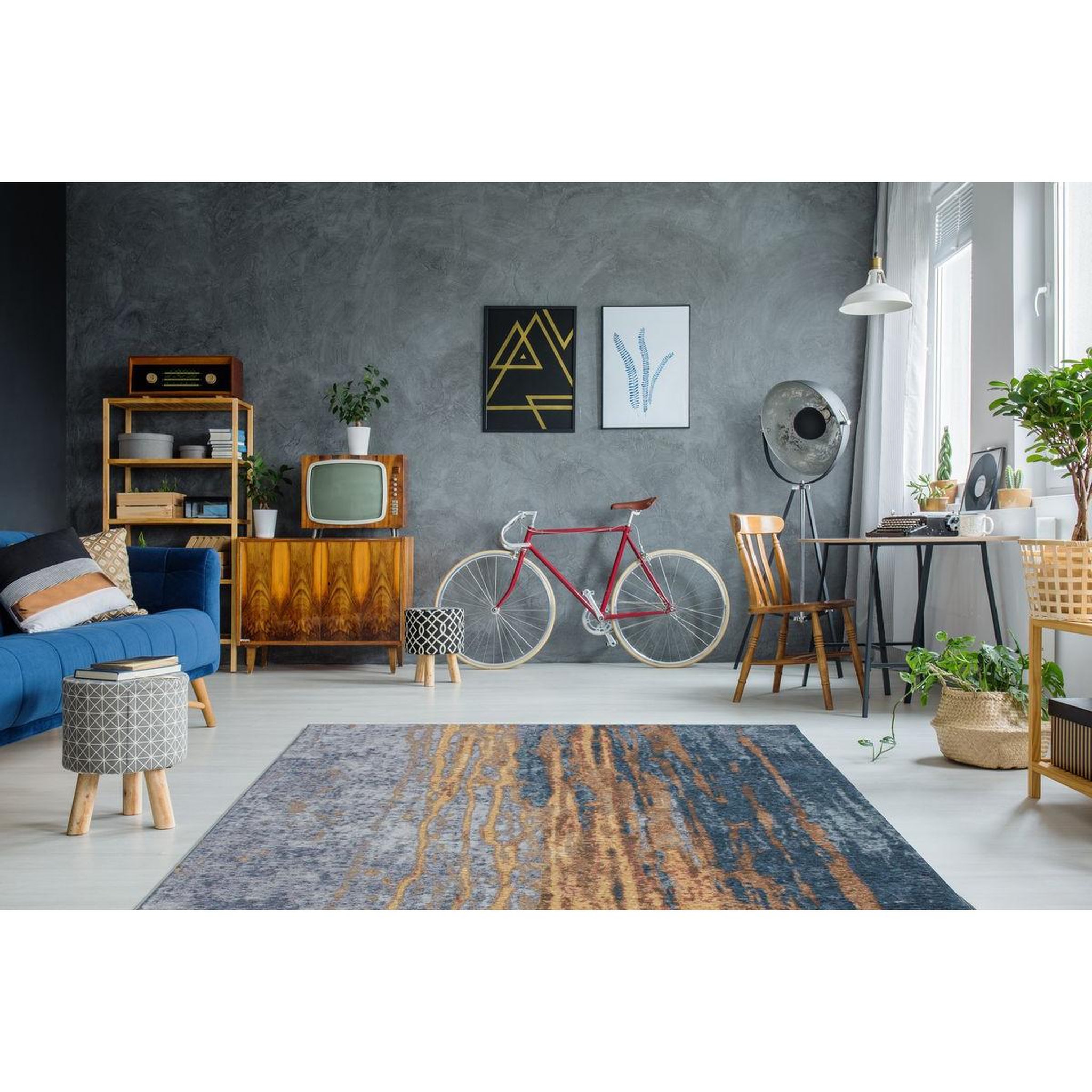 Voir la diapositive 2 : Paris Prix Tapis Vintage à Poils Courts  Blaze  Bleu & Beige