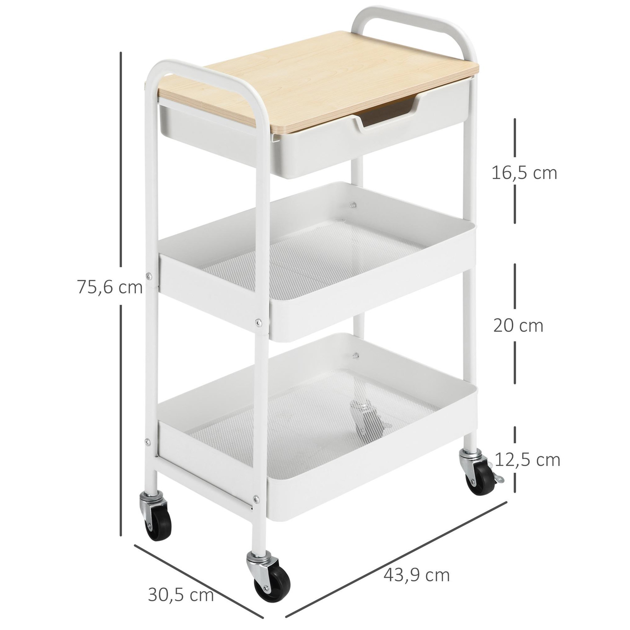 Voir la diapositive 3 : HOMCOM Desserte de cuisine chariot de service 2 étagères tiroir plateau aspect bois clair acier PP blanc
