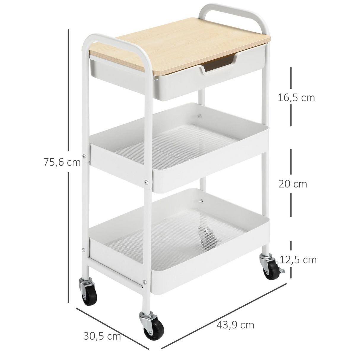 HOMCOM Desserte de cuisine chariot de service 2 étagères tiroir plateau aspect bois clair acier PP blanc