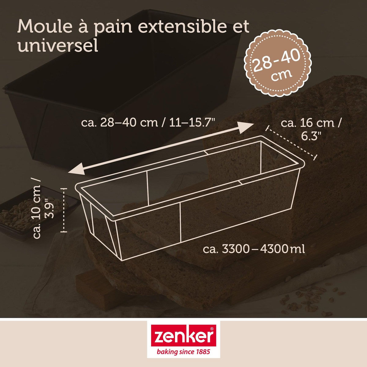 ZENKER Set pâtisserie avec grand moule à cake extensible, 2 bols à mixer, verre mesureur et spatule Zenker