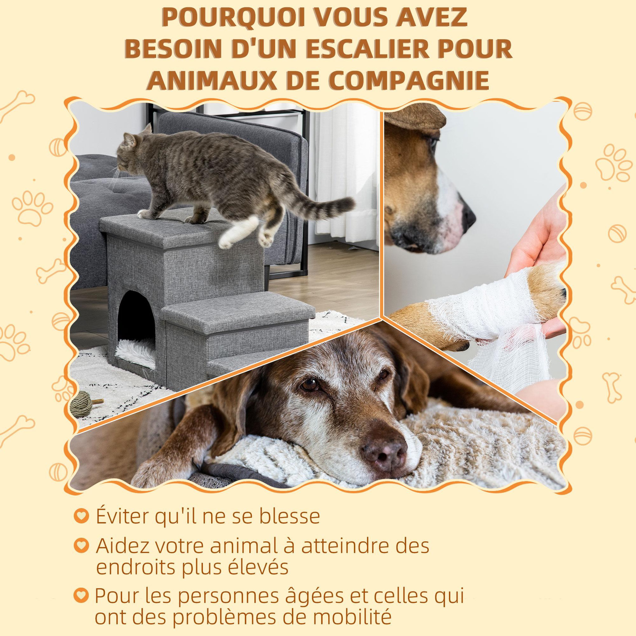 Voir la diapositive 5 : PAWHUT Escalier pour chat chien niche coffre 3 en 1 - 3 marches, coussin inclus - revêtement tissu rembourré doux - structure mdf - gris