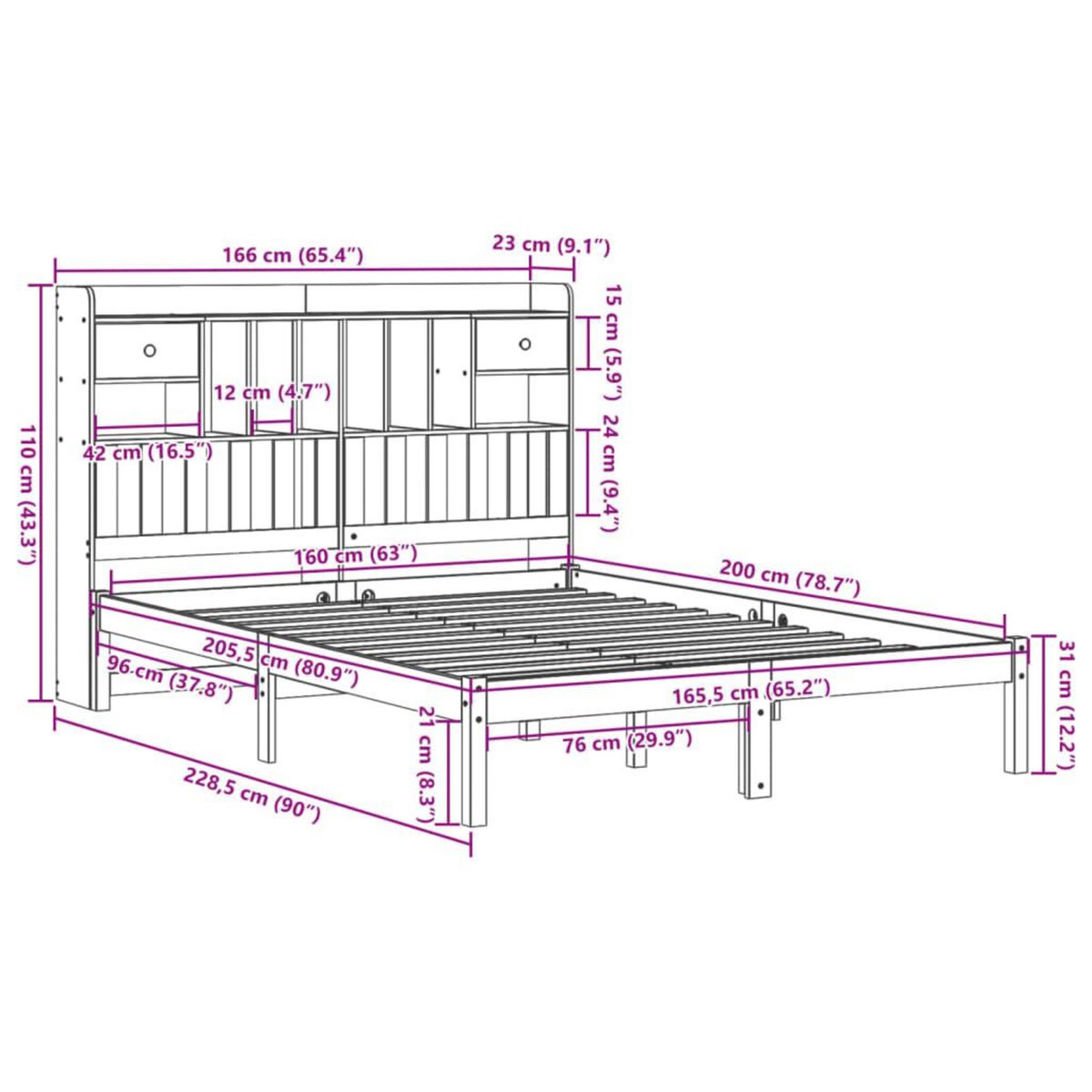 VIDAXL Lit bibliotheque sans matelas 160x200 cm bois massif de pin