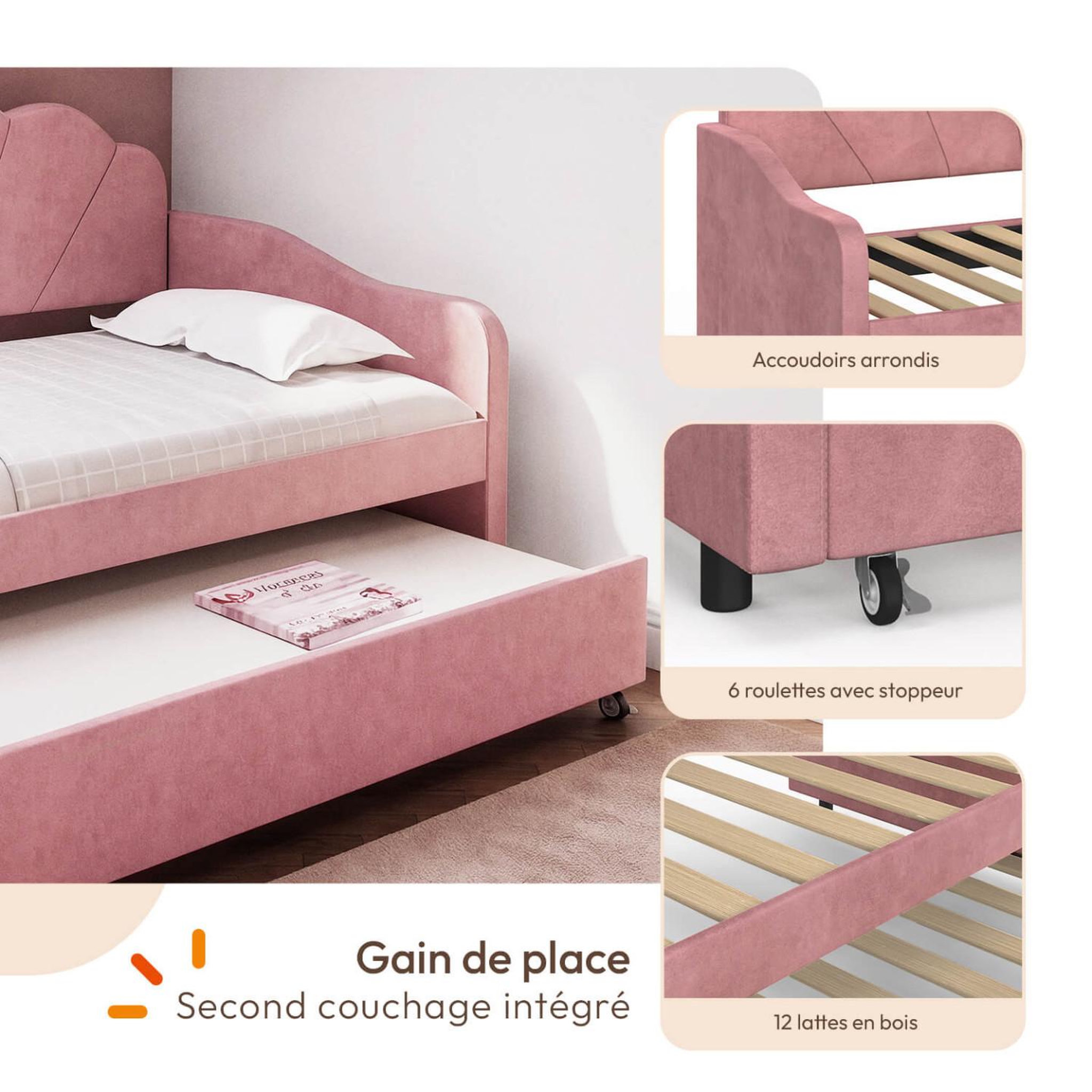 Voir la diapositive 3 : ID MARKET Lit banquette gigogne coquillage amanda 2 x 90 x 190 cm avec 2 sommiers velours rose poudré
