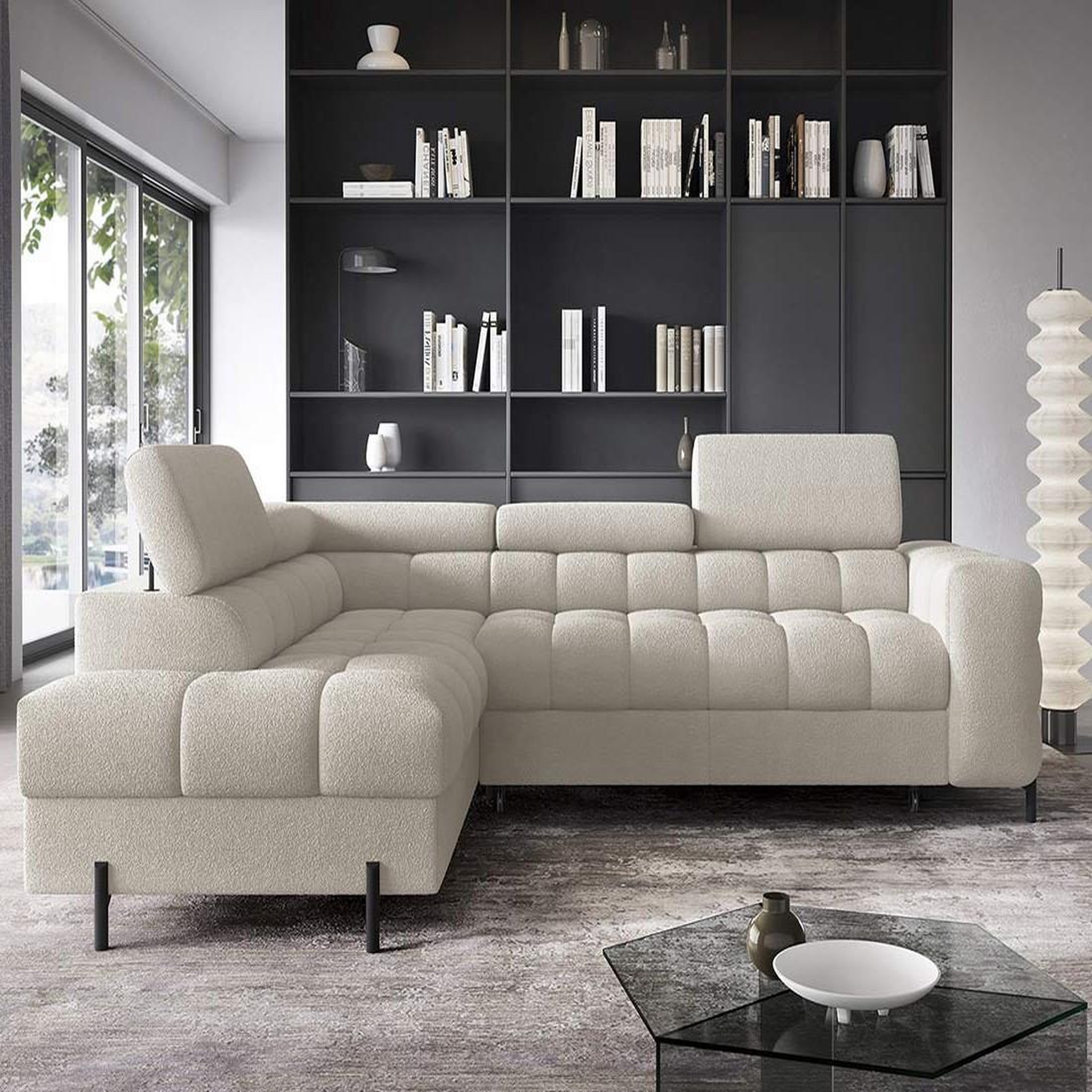Voir la diapositive 4 : BEST MOBILIER Elisa - canapé d'angle gauche 5 places convertible avec coffre et têtières réglables en tissu bouclette