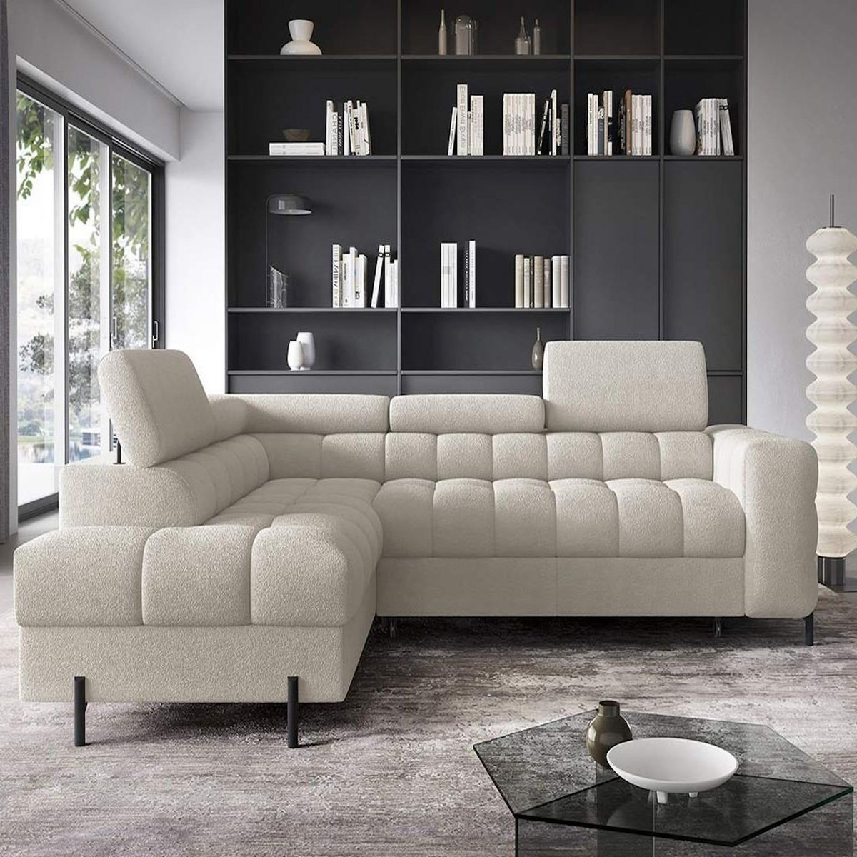 BEST MOBILIER Elisa - canapé d'angle gauche 5 places convertible avec coffre et têtières réglables en tissu bouclette