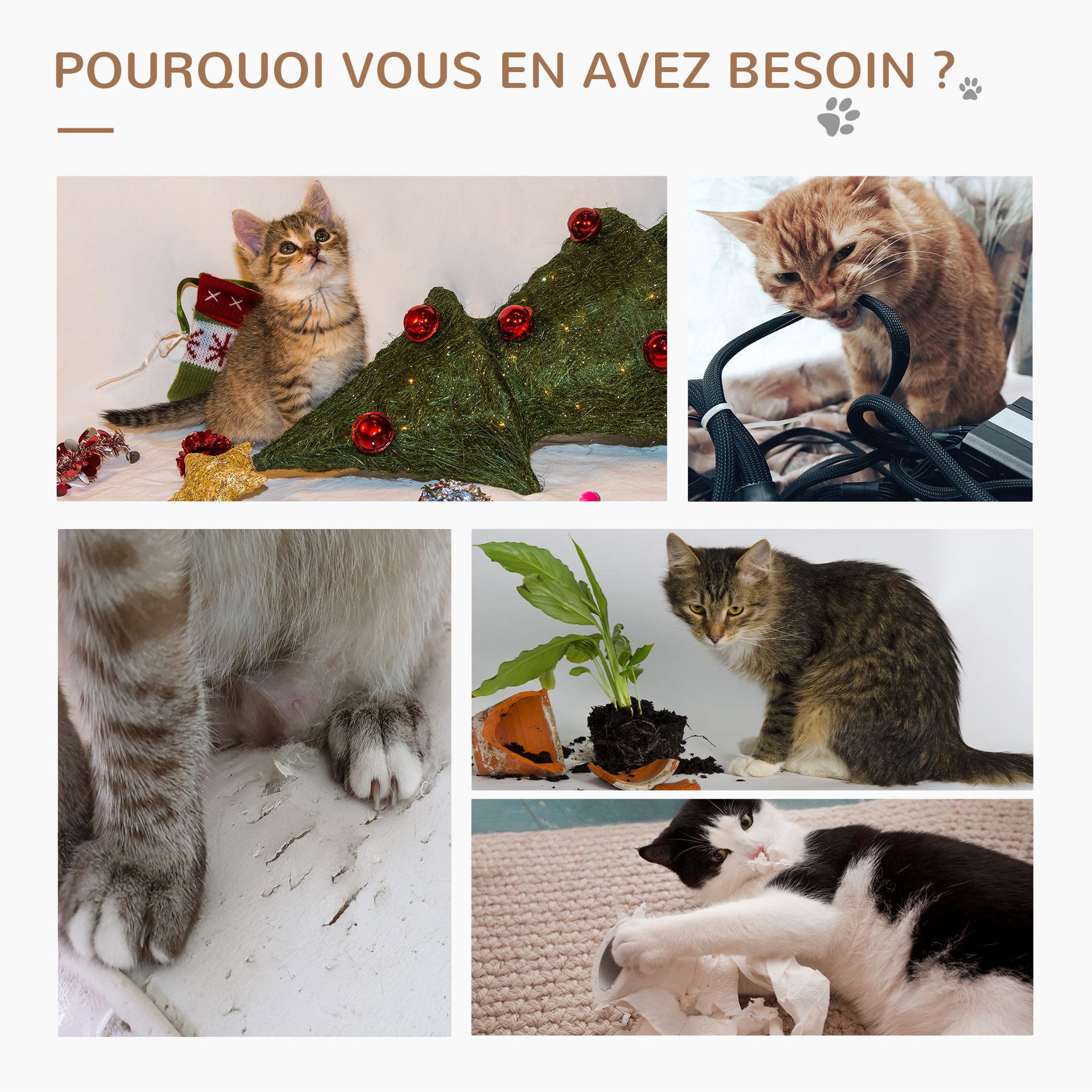 Voir la diapositive 6 : PAWHUT Arbre à chat style cosy chic fleur - griffoirs, tunnel, plateformes, 4 jeux de boules -  peluche blanche quenouille tressée