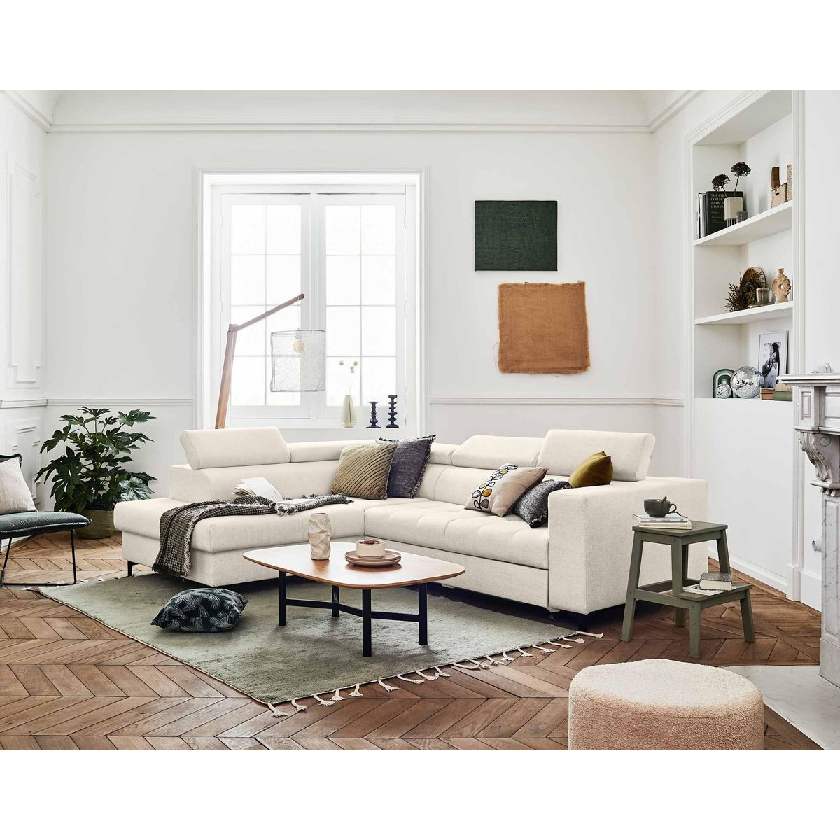 LISA DESIGN Olinda - canapé d'angle gauche - 5 places - convertible avec coffre et têtières réglables - en tissu