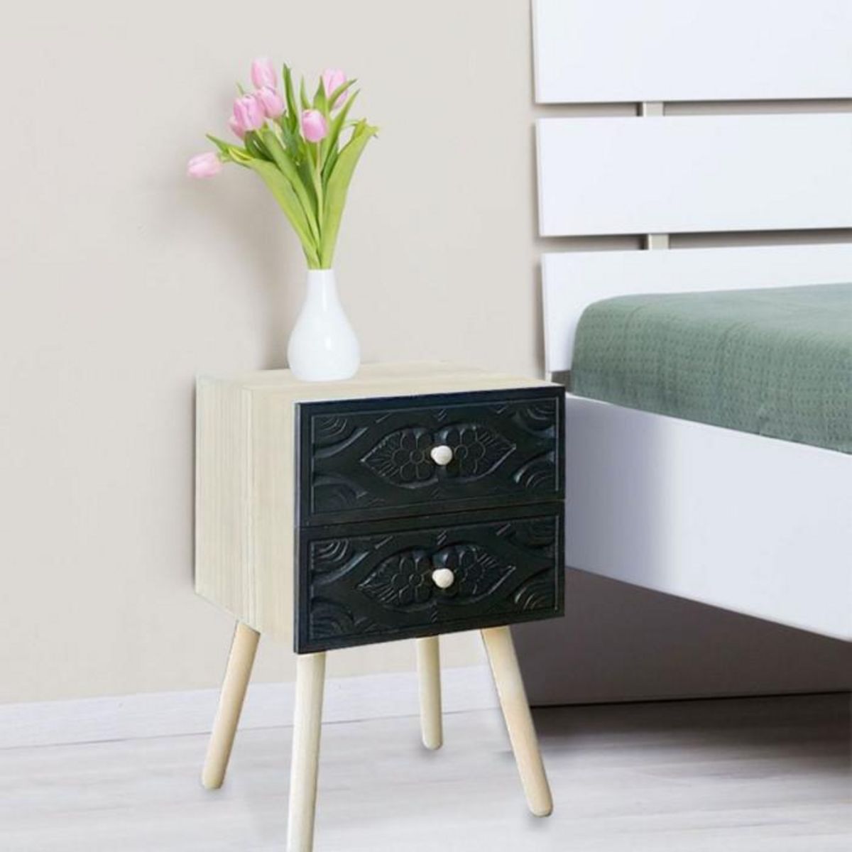 Paris Prix Table de Chevet 2 Tiroirs  Tomina  42cm Noir