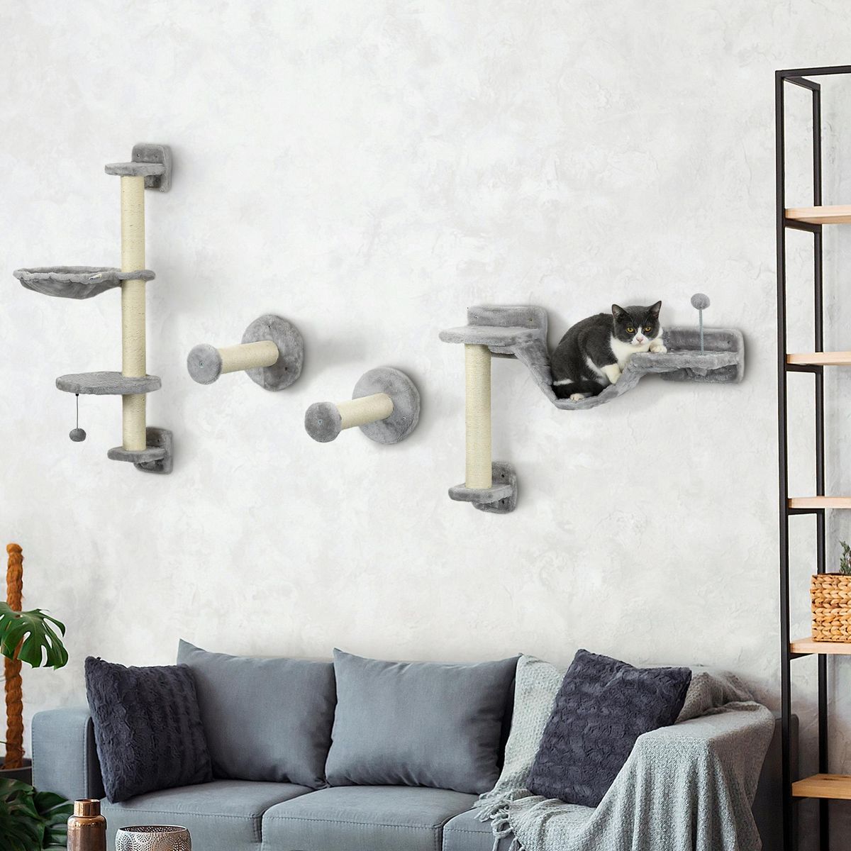PAWHUT Mur d'escalade pour chat - arbre à chat design mural - griffoirs, plateformes, panier, hamac, jeux boules - gris
