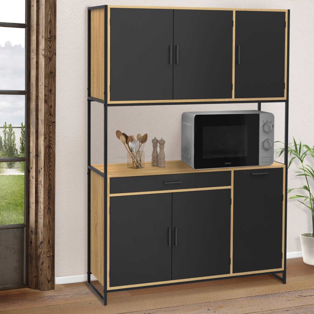 ID MARKET Buffet de cuisine 120 CM BOSTON meuble 6 portes design industriel + tiroir