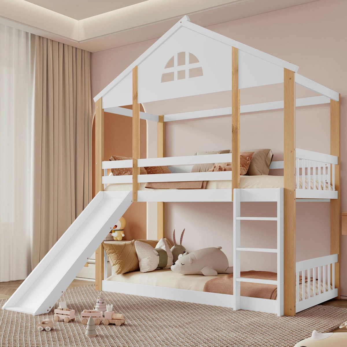 MERAX Lit superposé 90x200cm bois et mdf coloris blanc+naturel