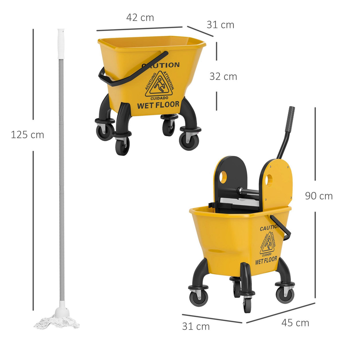HOMCOM Chariot de ménage chariot de lavage chariot de nettoyage avec essoreuse à pression seau 26L et serpillère jaune