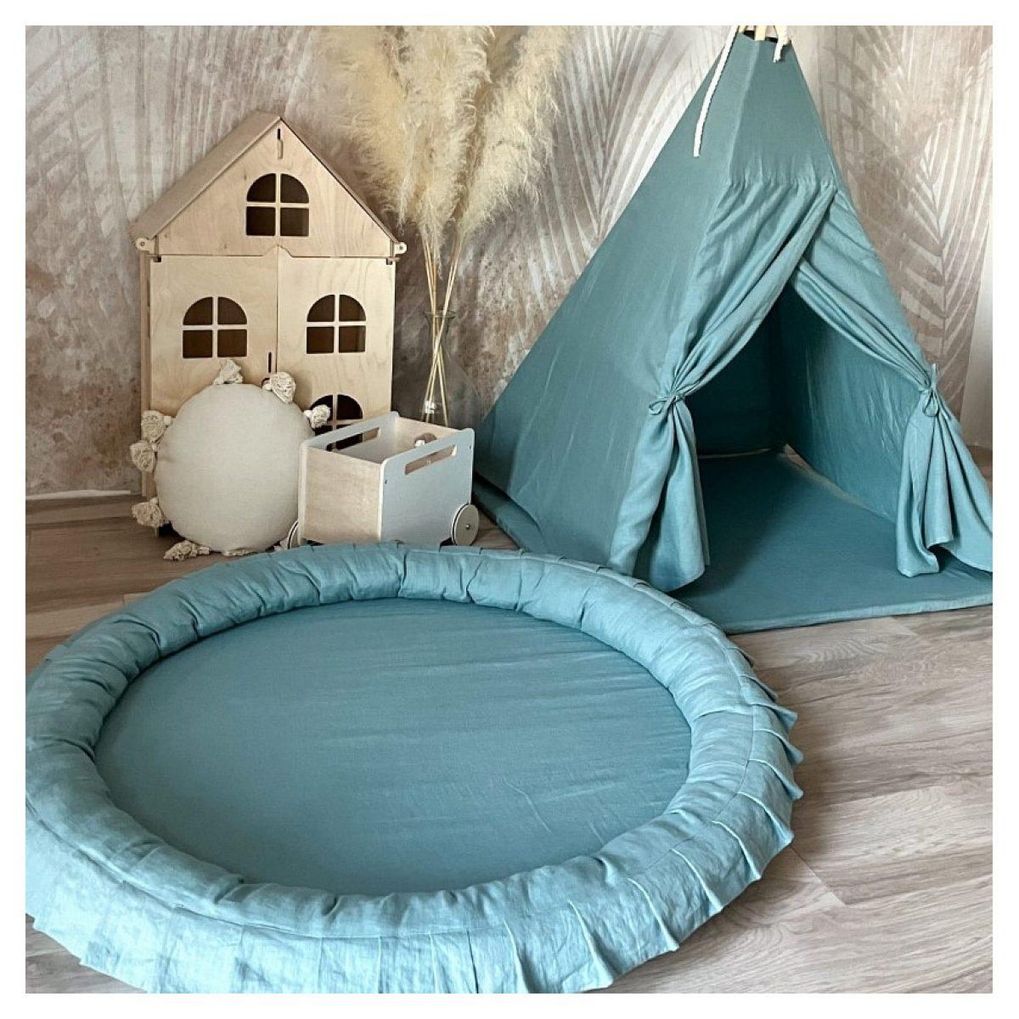 Voir la diapositive 2 : MONIO FOR KIDS Tapis nid en lin couleur  menthe