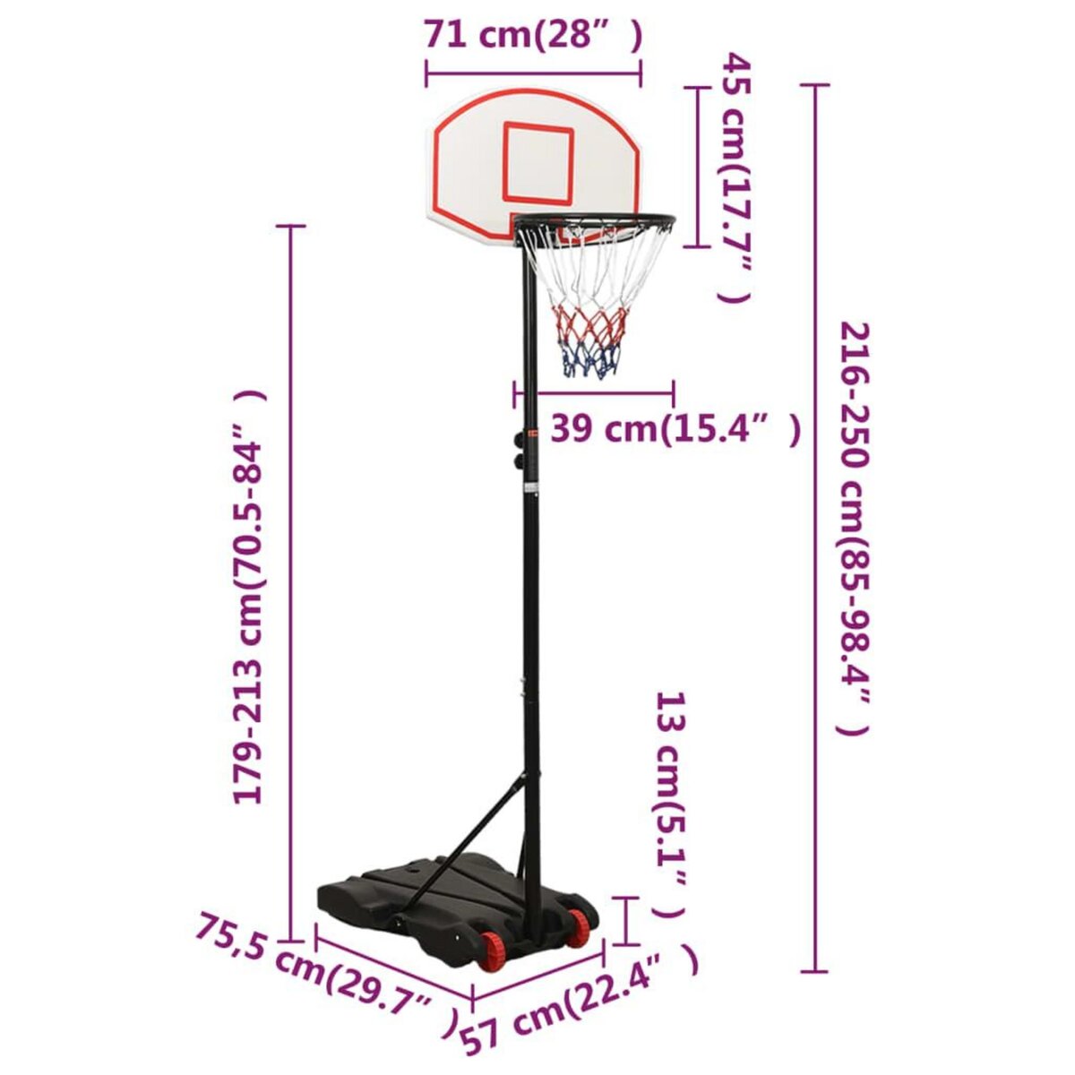 VIDAXL Support de basket-ball Blanc 216-250 cm Polyethylene