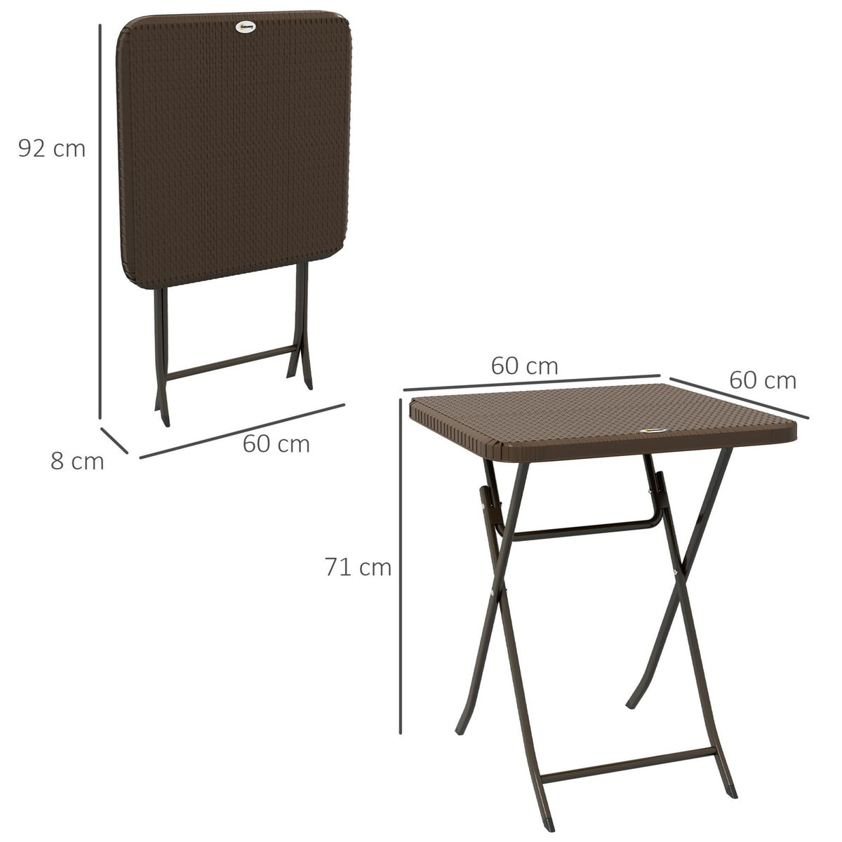 OUTSUNNY Table de jardin pliante table de camping pliable dim. 60L x 60l x 71H cm acier époxy HDPE aspect rotin tressé marron