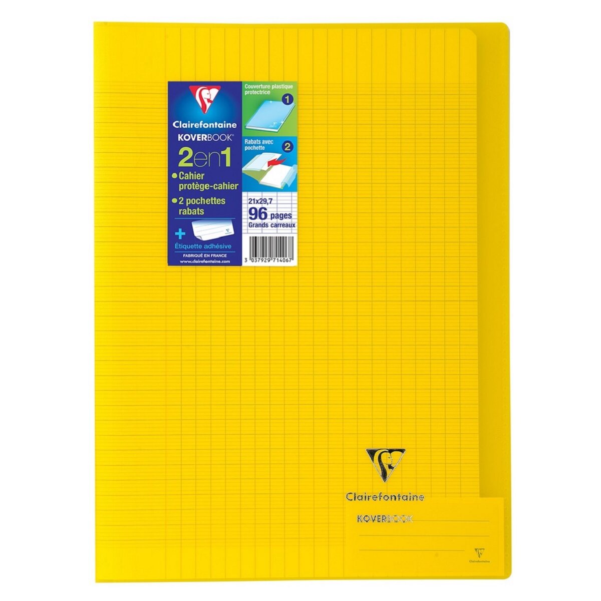 CLAIREFONTAINE Cahier piqué 21x29,7cm 96 pages grands carreaux Seyes Koverbook jaune transparent