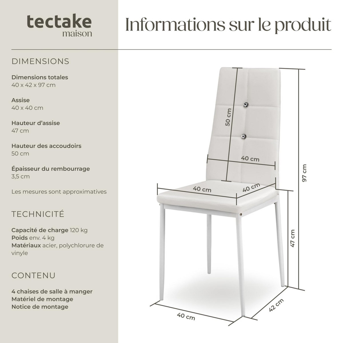 tectake Ensemble de chaises de salle à manger rembourré avec revêtement aspect cuir blanc Lot de 4