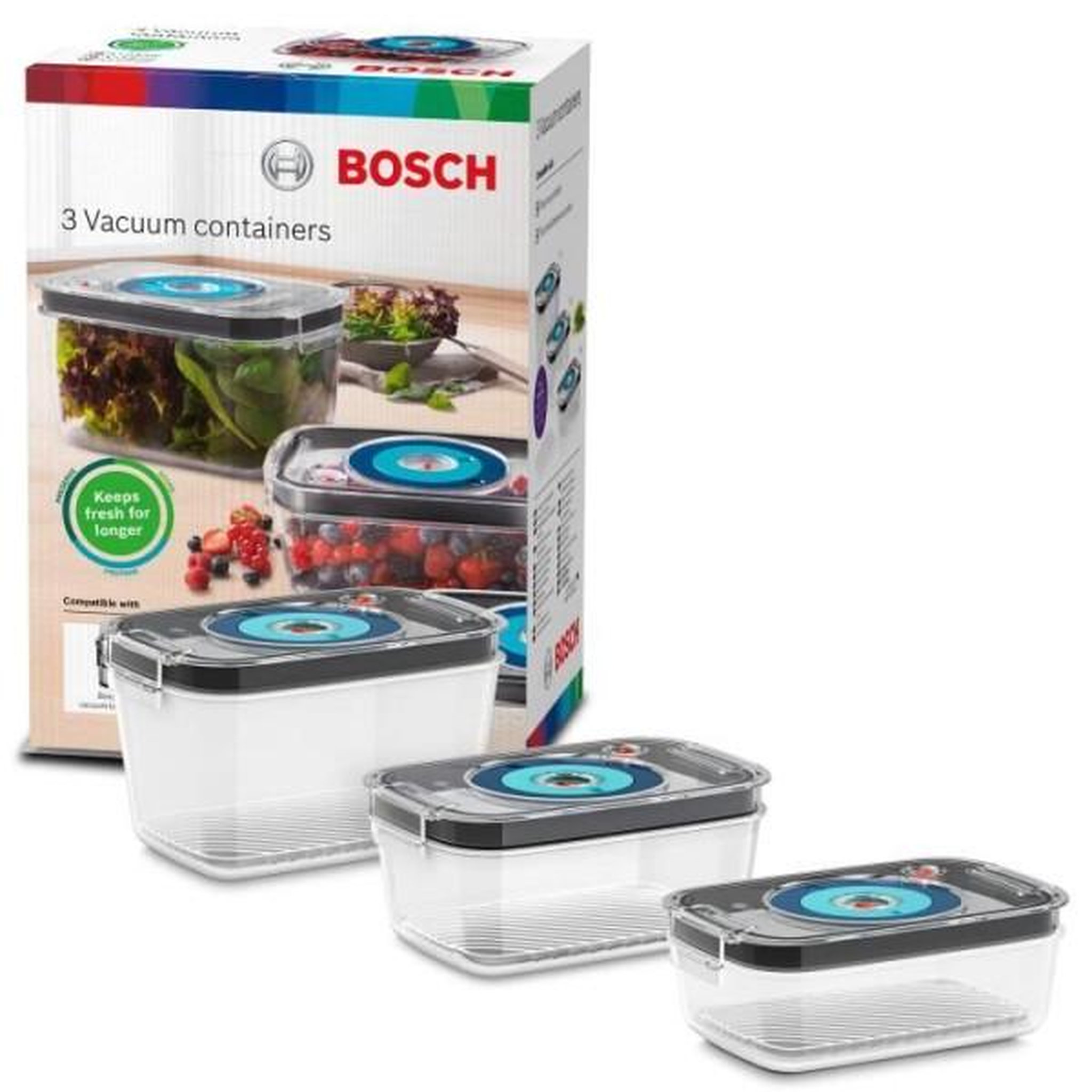 Voir la diapositive 4 : BOSCH BOSCH - 3 boites de conservation sous vide hermétiques : 0,7L, 1,0L et 1,5L - Bac d'égouttement - Indicateur jour et mois - Tr