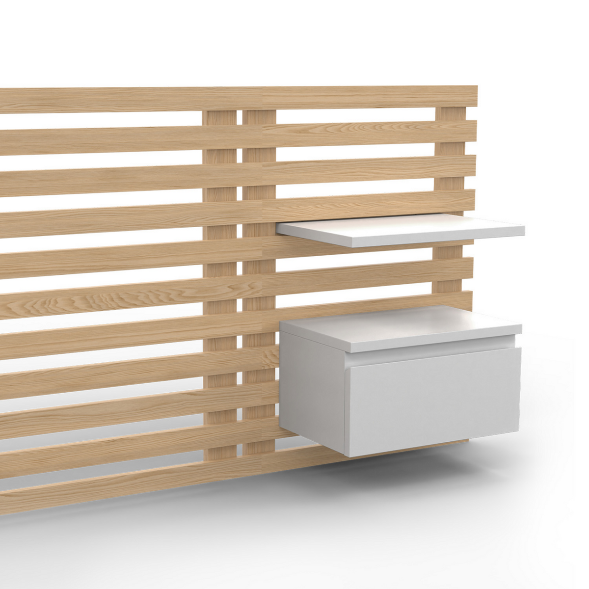 ID MARKET Tête de lit suspendue en lattes AVA 240 cm avec chevets + tiroir façon bois clair et blanc