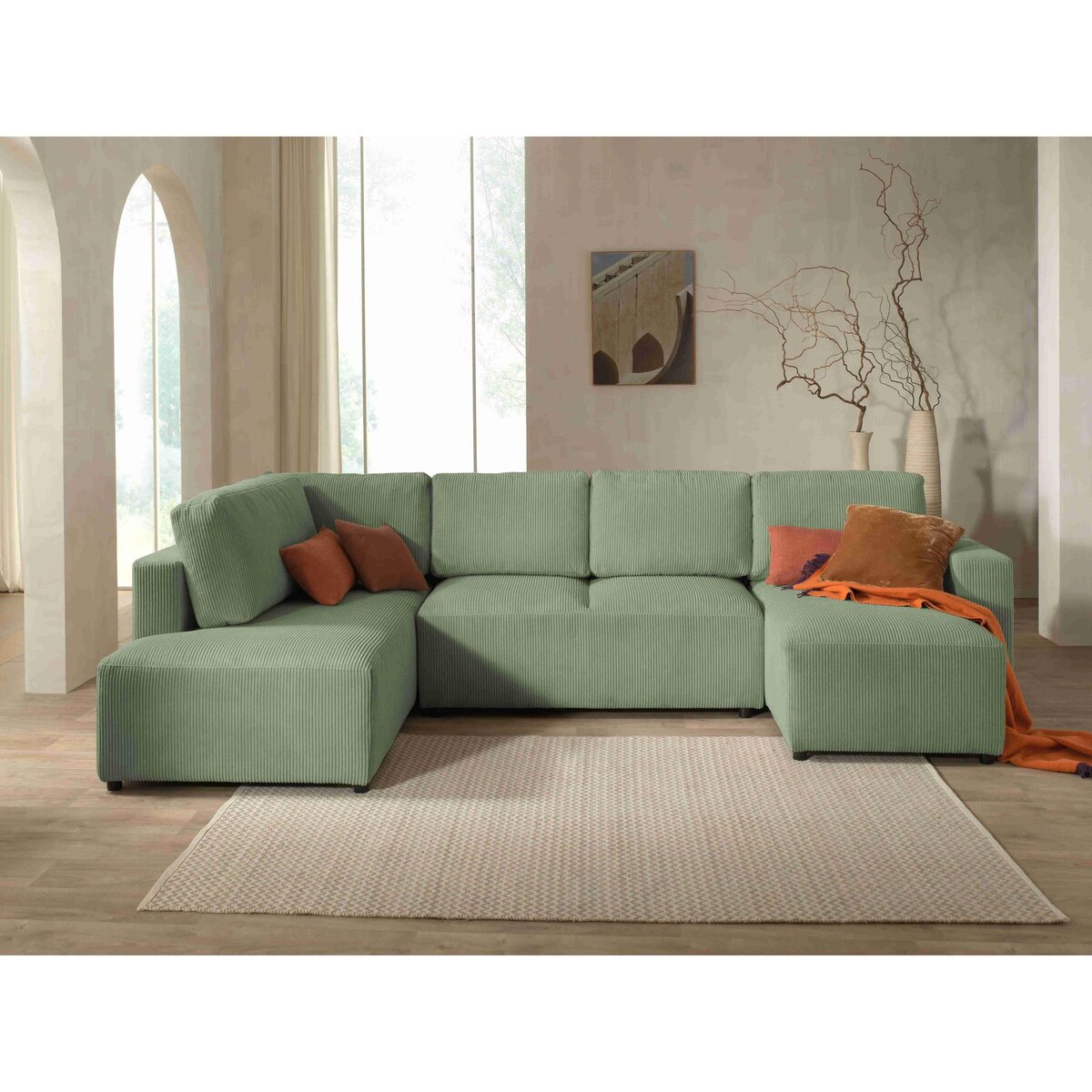 LISA DESIGN Livy - canapé panoramique convertible - avec coffre - en velours côtelé - 7 places - gauche