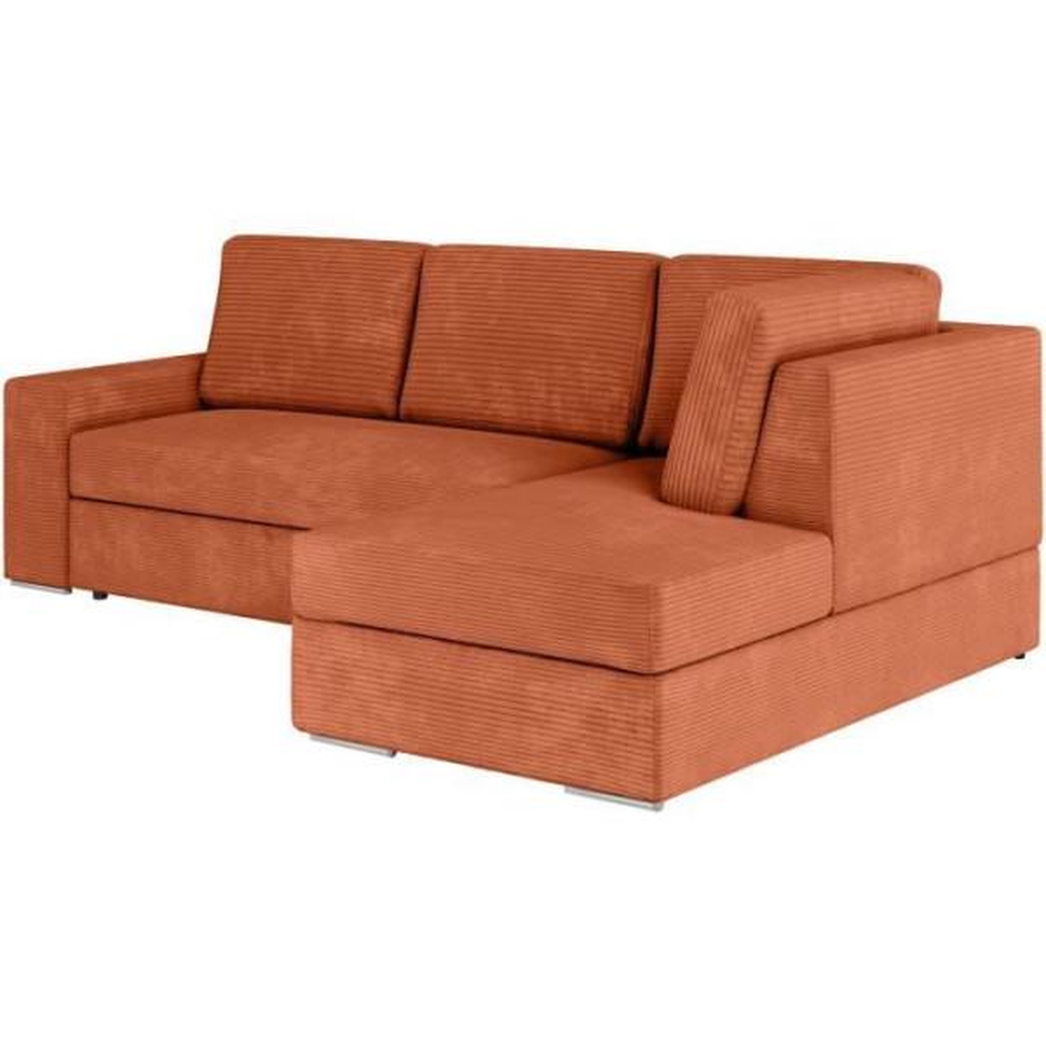 Voir la diapositive 3 : LOUNGITUDE Canapé d'angle droit 3 places convertible ADEN avec coffre en velours côtelé - Terracotta - L246 x P174 x H96cm - LOUNGITUDE