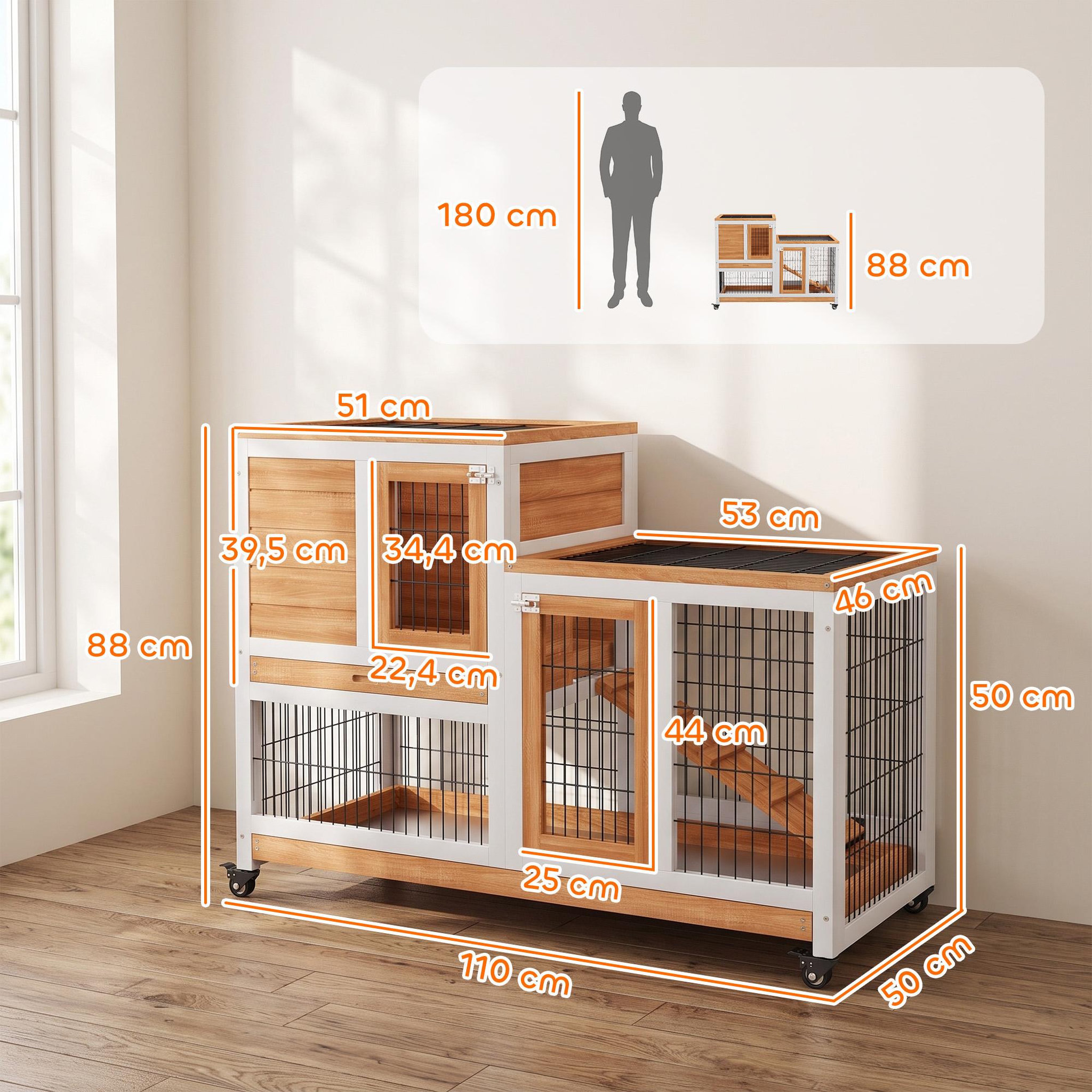 Voir la diapositive 3 : PAWHUT Clapier lapin mobile - niche, rampe, plateau déjection, 2 portes - bois blanc