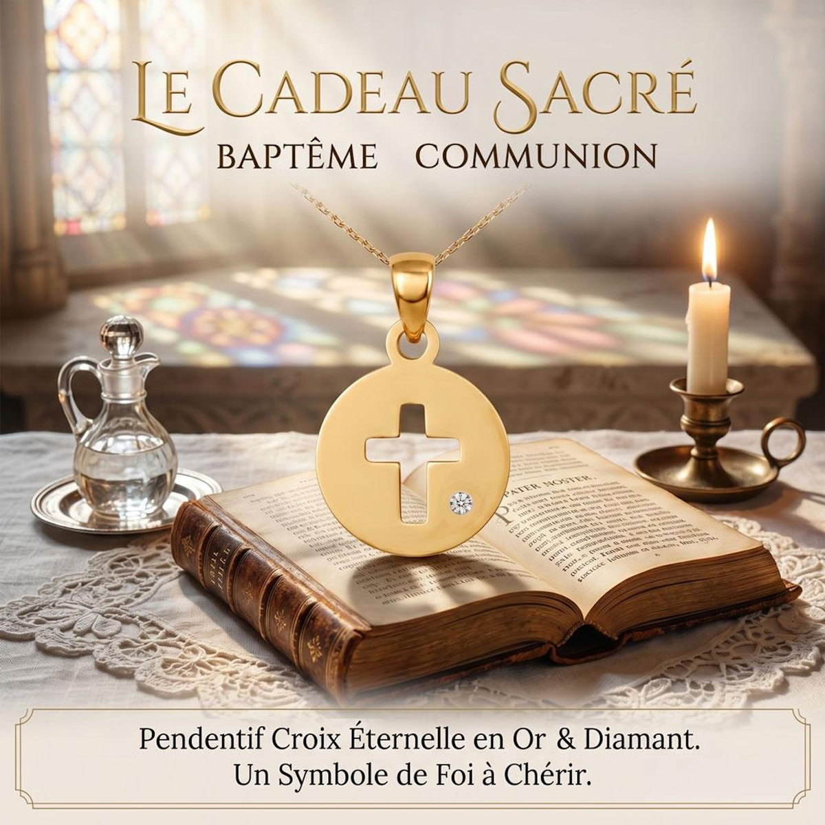 L'ATELIER D'AZUR Collier - Pendentif Or et Diamant - Médaille Croix- Femme ou Enfant