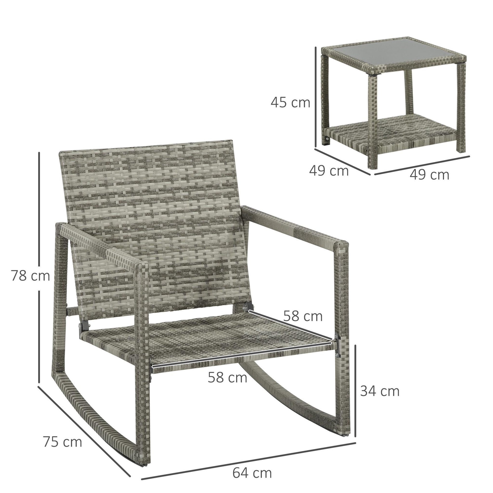 Voir la diapositive 3 : OUTSUNNY Ensemble de jardin 3 pièces 2 fauteuils à bascule table basse coussins inclus métal époxy résine tressée PE polyester gris