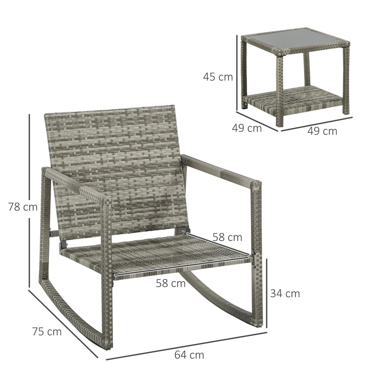 OUTSUNNY Ensemble de jardin 3 pièces 2 fauteuils à bascule table basse coussins inclus métal époxy résine tressée PE polyester gris