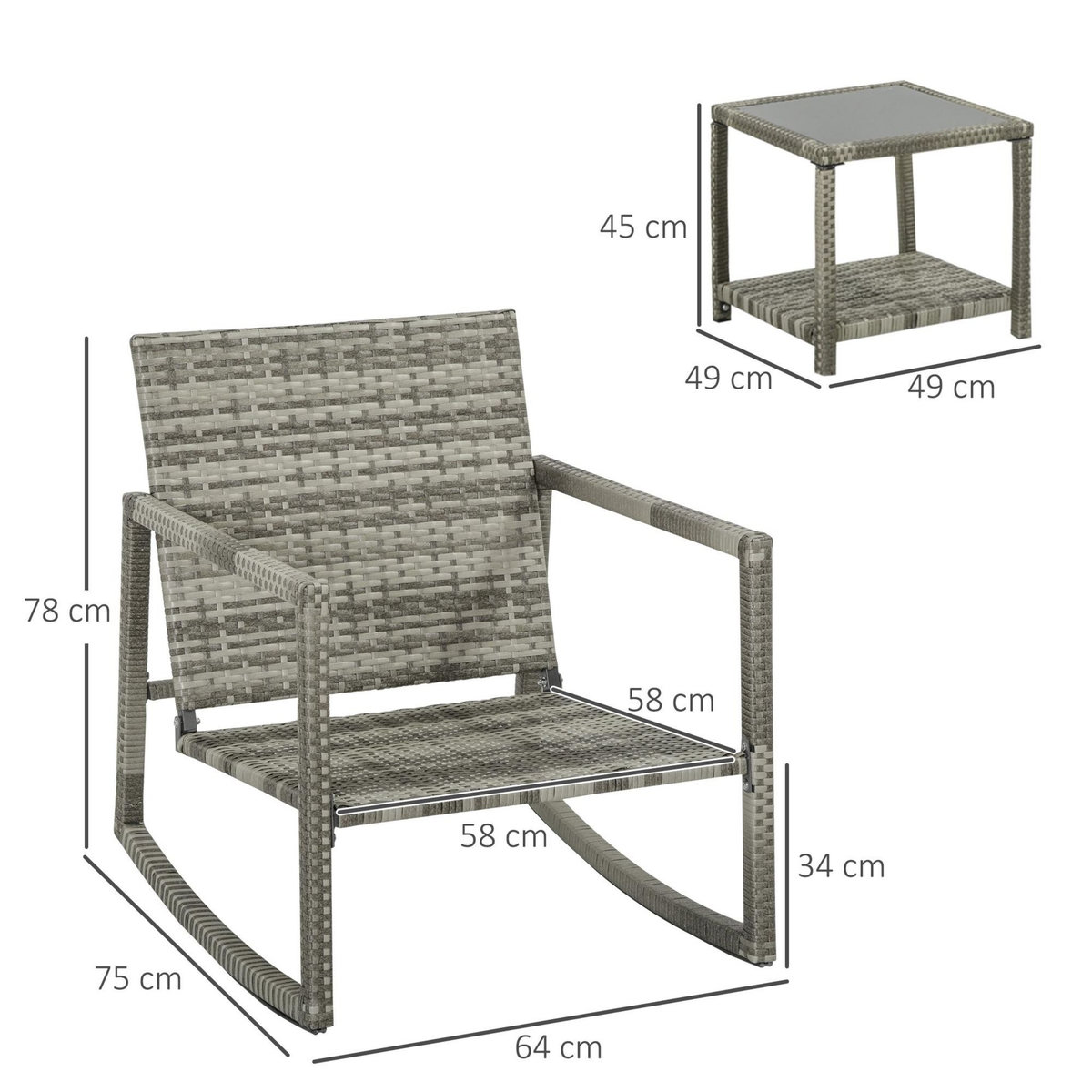 OUTSUNNY Ensemble de jardin 3 pièces 2 fauteuils à bascule table basse coussins inclus métal époxy résine tressée PE polyester gris