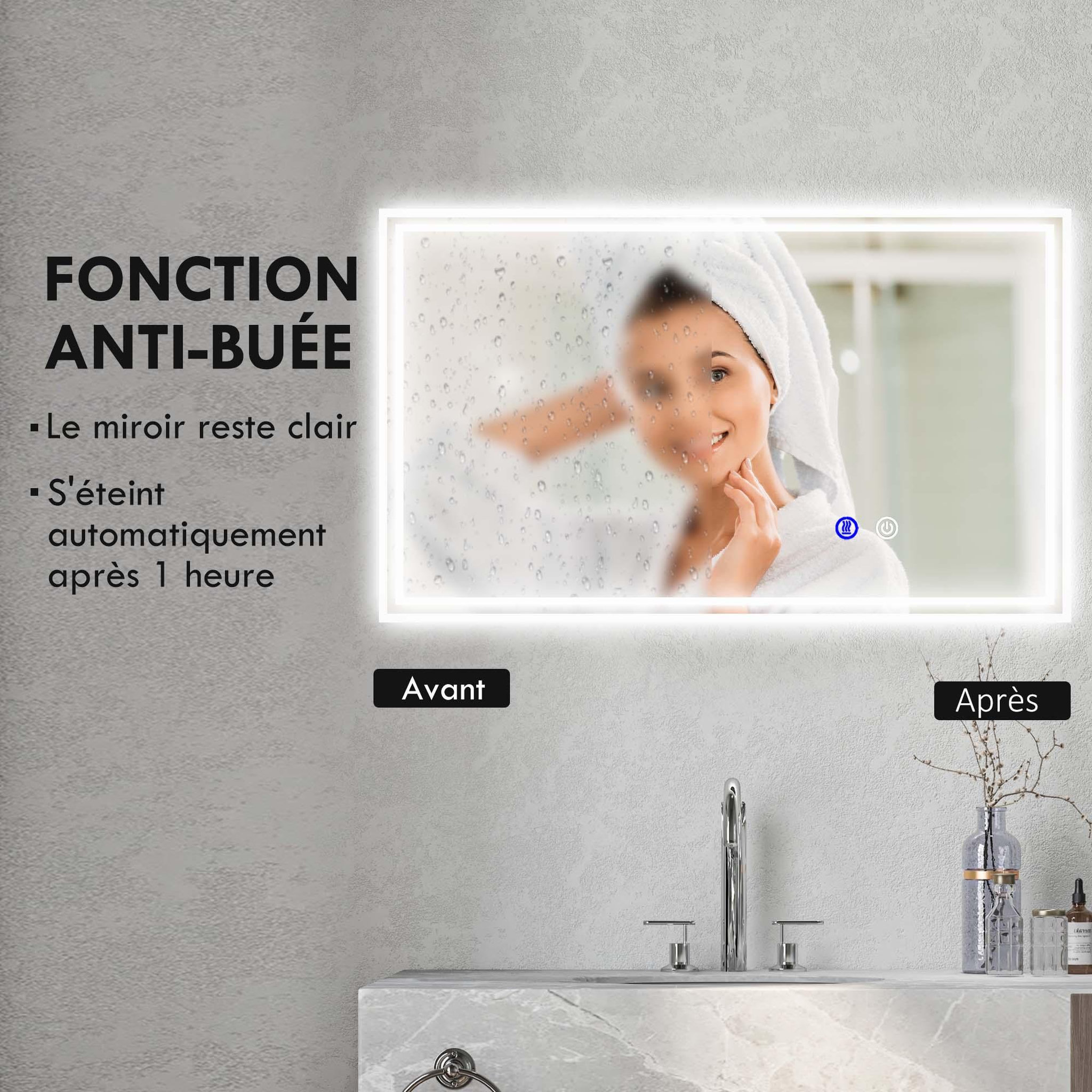 Voir la diapositive 6 : KLEANKIN Miroir led mural de salle de bain - 100l x 60h cm - luminosité réglable 3 couleurs - interrupteur tactile - système antibué