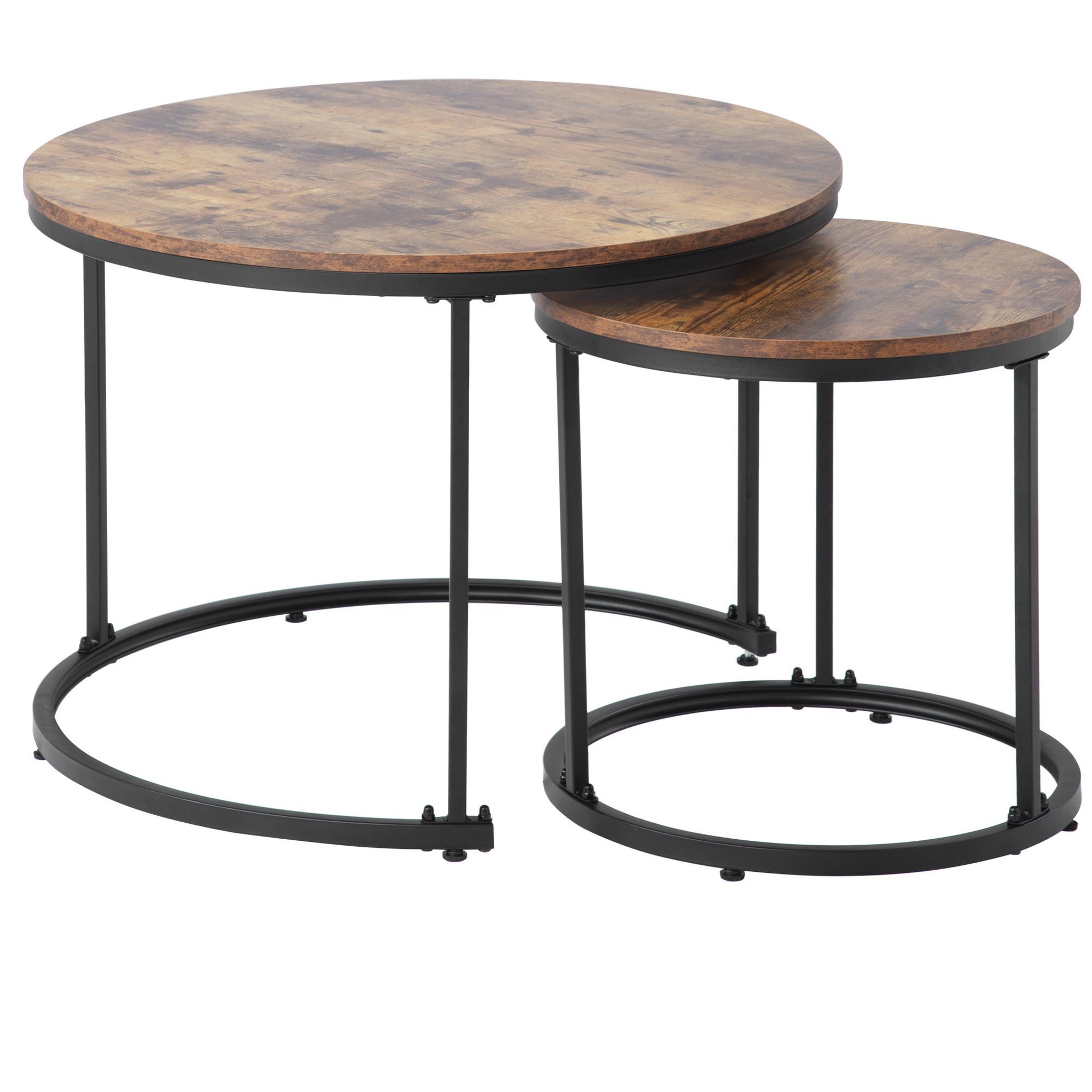 Voir la diapositive 4 : MERAX Ensemble De 2 Tables Basses Rondes Avec Cadre En Métal Et Plateau En Panneaux Placage Marbre Marron