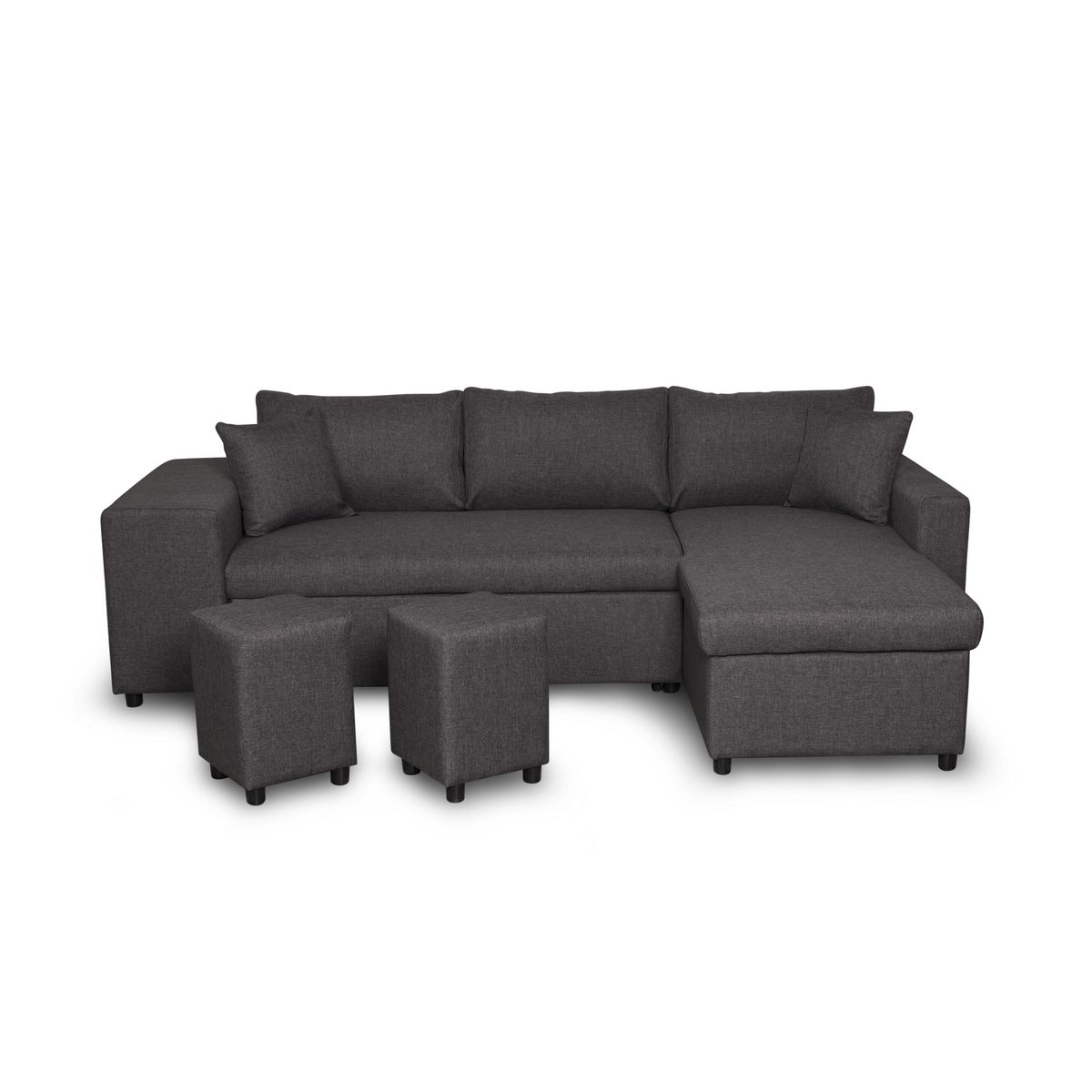  Canapé 3 places d'angle Droit convertible avec coffre Tissu gris foncé+ 2 poufs inclus ANETTA
