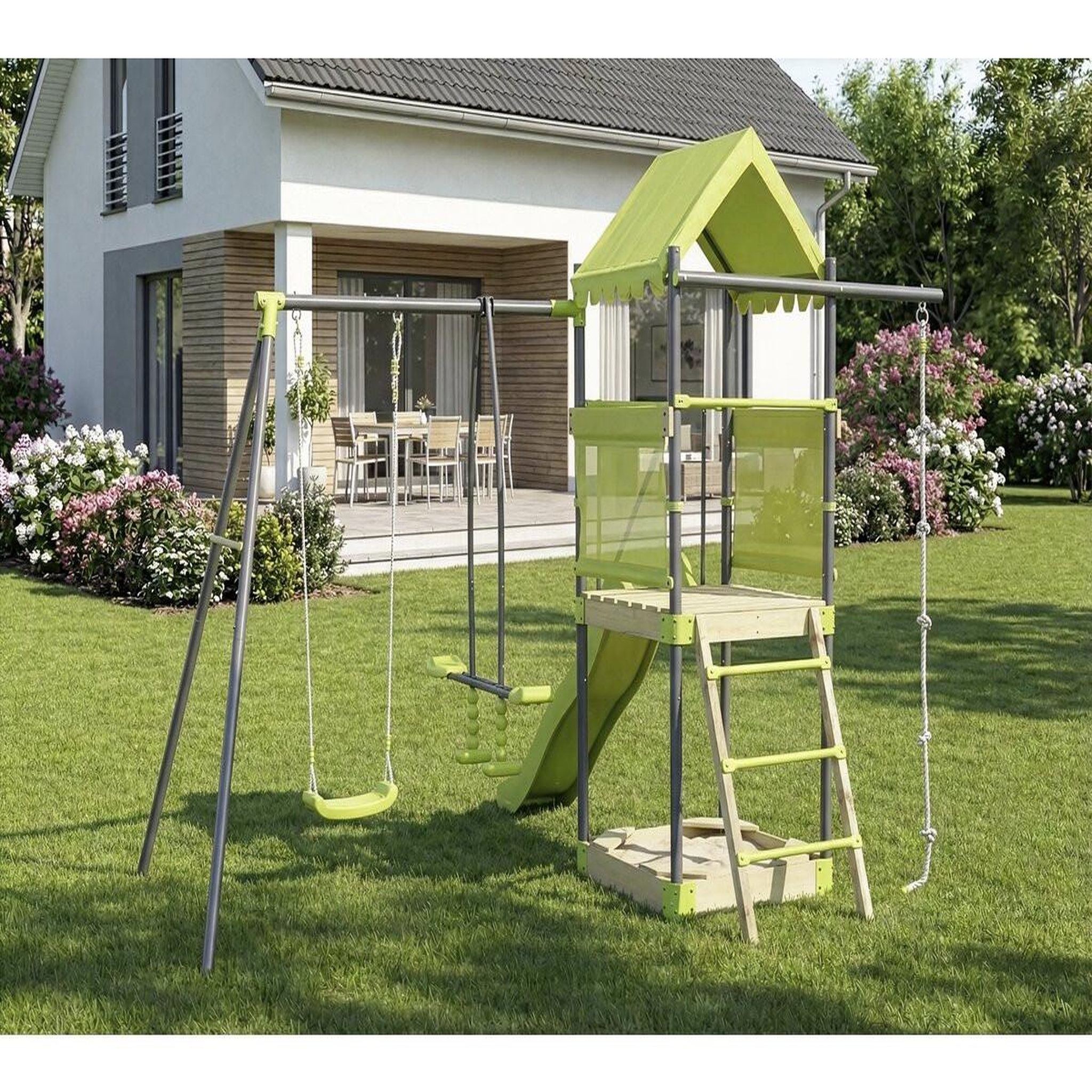 Voir la diapositive 2 : Habitat et Jardin Aire de jeu portique en métal avec toboggan et bac a sable  sohane   - vert