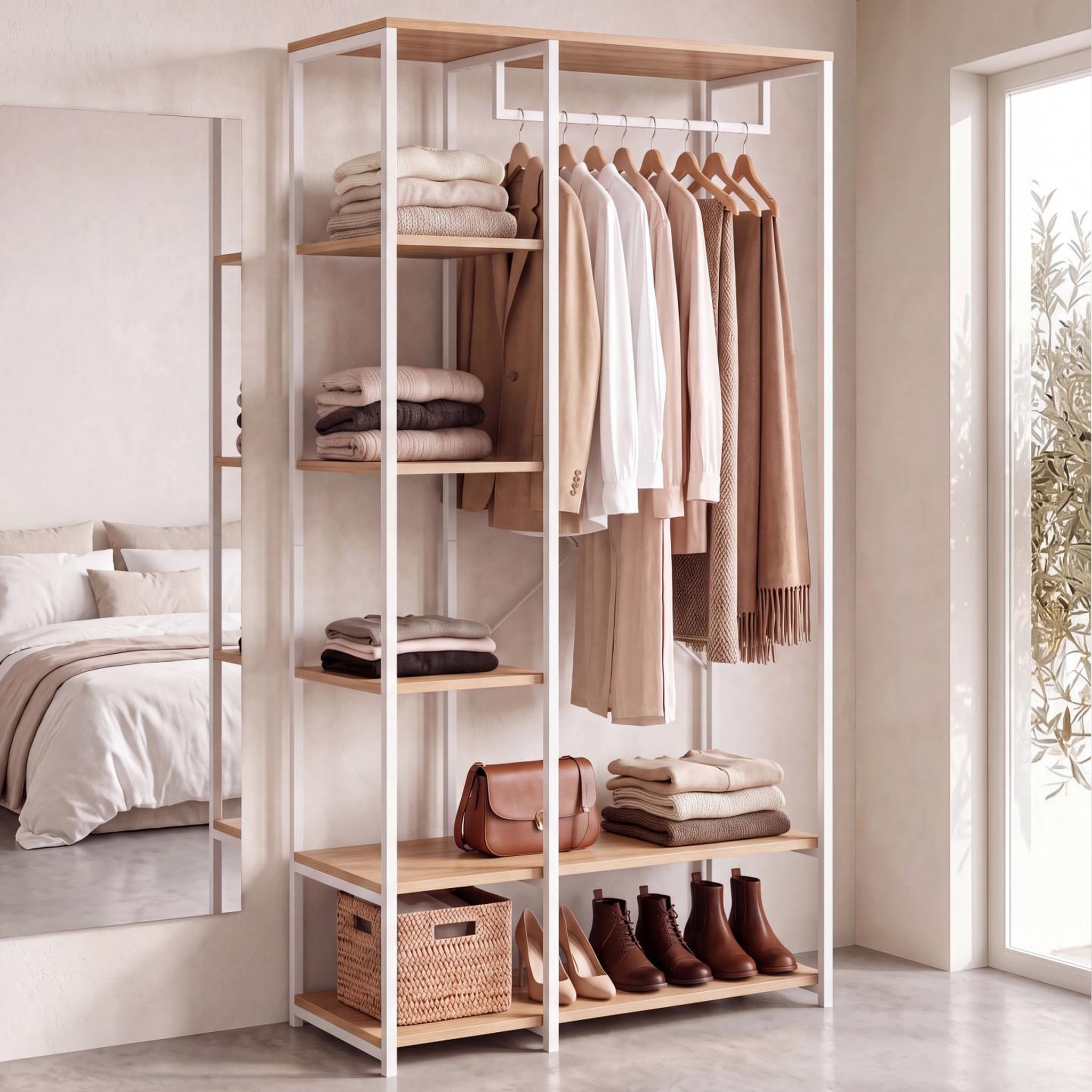 Voir la diapositive 2 : ID MARKET Dressing penderie étagères l. 90 cm detroit design industriel bois et métal blanc