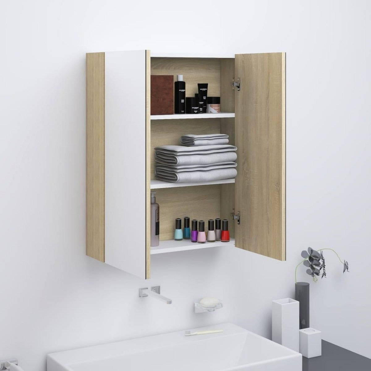 VIDAXL Armoire a miroir de salle de bain 60x15x75cm MDF Blanc et chene