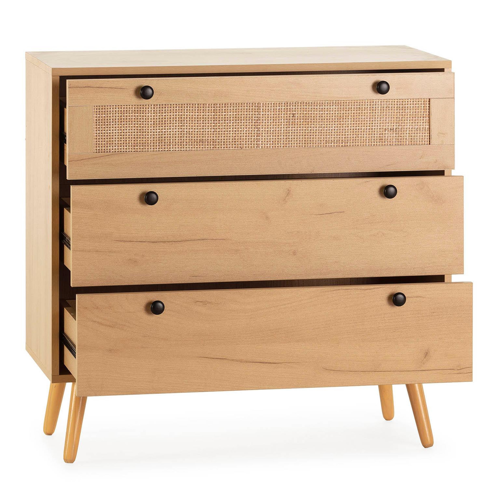 Voir la diapositive 3 : VS VENTA-STOCK Commode nuit Bella 3 tiroirs couleur chêne avec rotin naturel