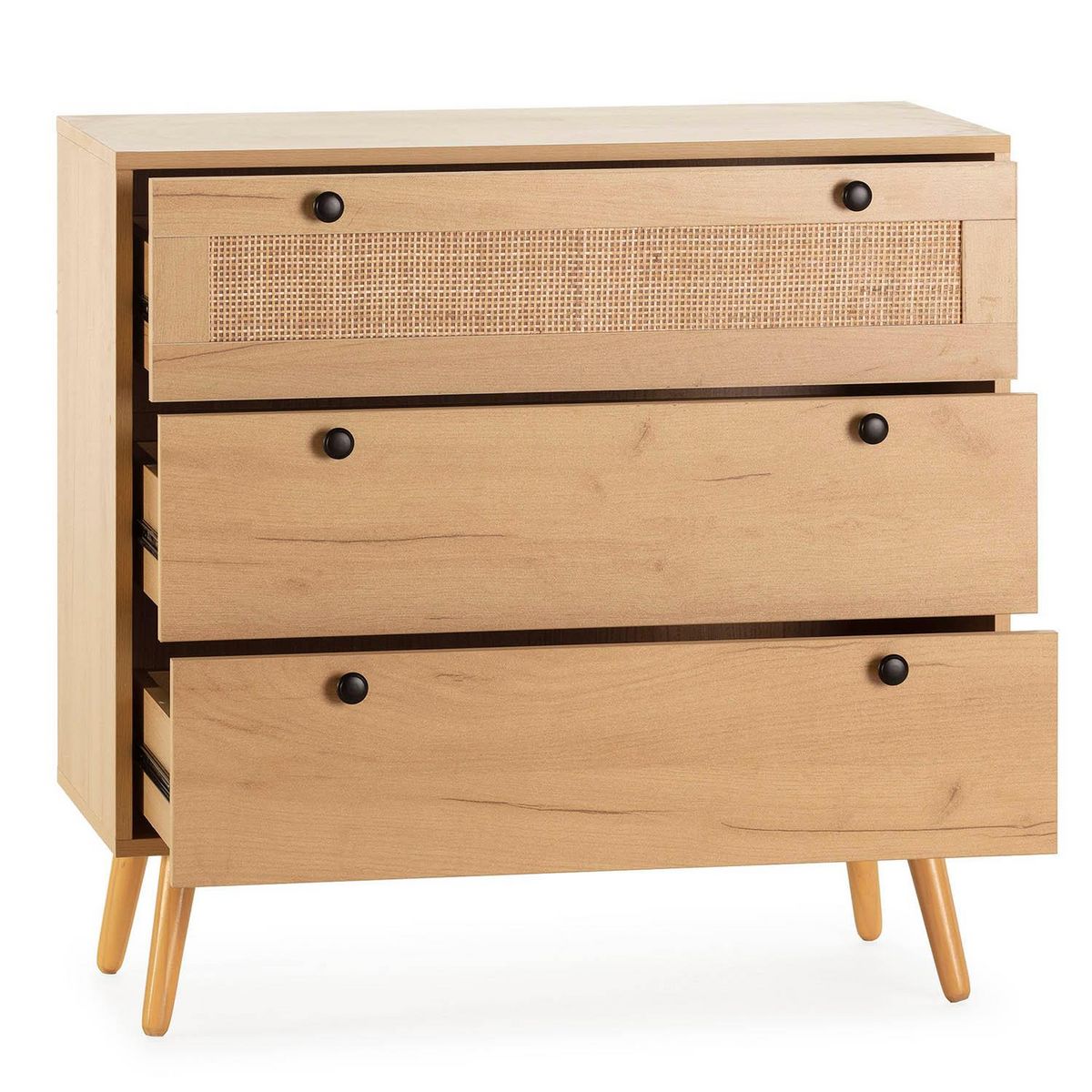 VS VENTA-STOCK Commode nuit Bella 3 tiroirs couleur chêne avec rotin naturel